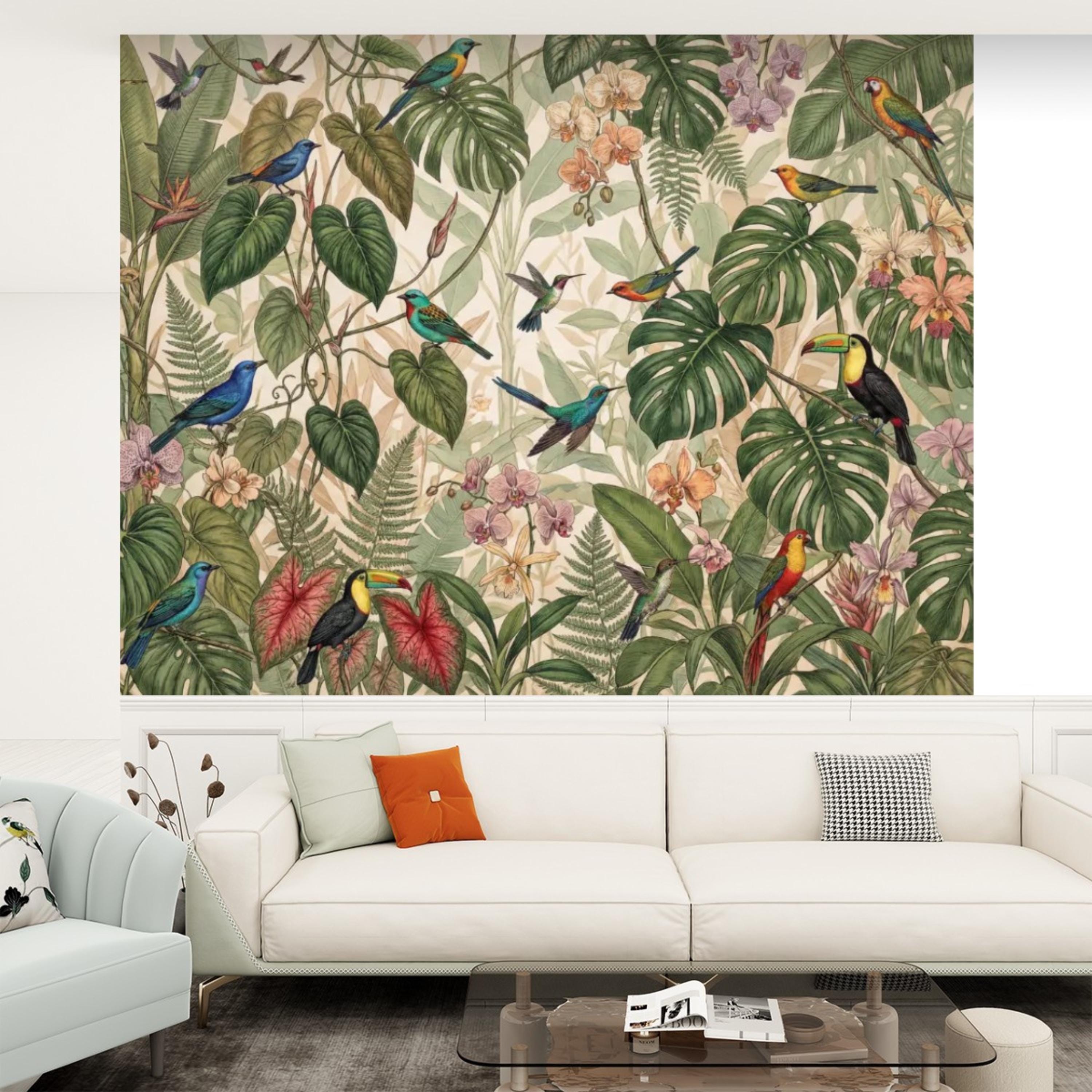 Tropical Jungle Birds Peel and Stick Wall Mural, Rainforest Monstera Wallpaper, Botanical Jungle Wall Art