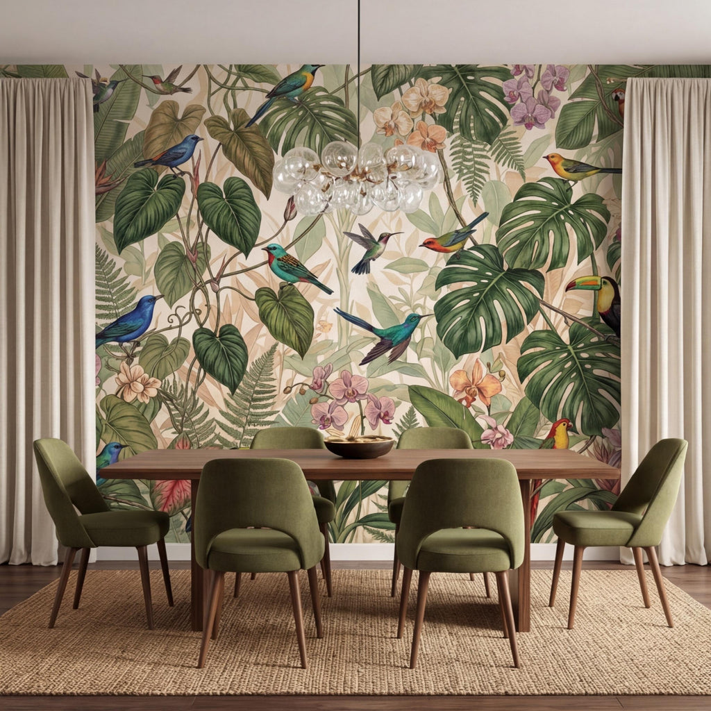 Tropical Jungle Birds Peel and Stick Wall Mural, Rainforest Monstera Wallpaper, Botanical Jungle Wall Art