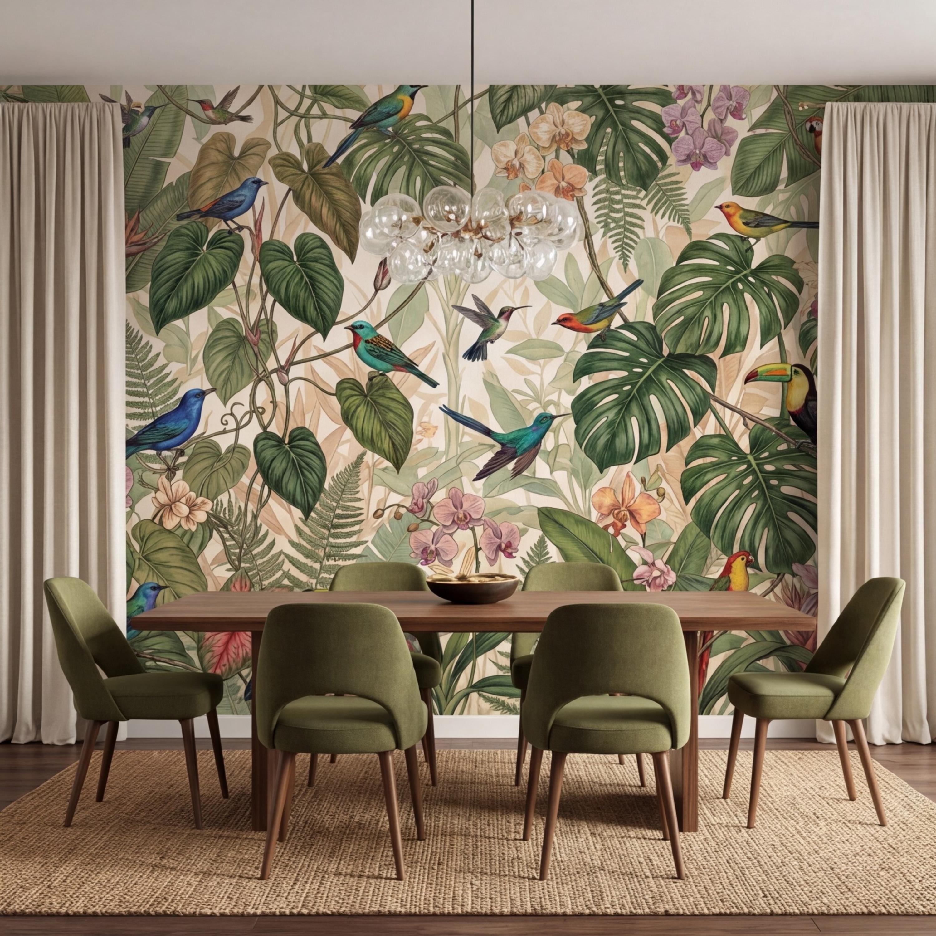 Tropical Jungle Birds Peel and Stick Wall Mural, Rainforest Monstera Wallpaper, Botanical Jungle Wall Art