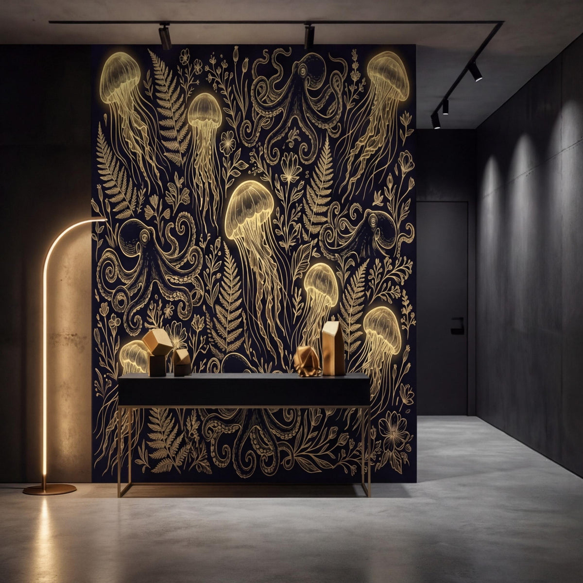Vintage Gold Look Jellyfish & Octopus Peel and Stick Wallpaper, Dark Ocean Botanical Removable Wall Mural, Luxury Underwater Art Wall Decor - The Fine Art Murals