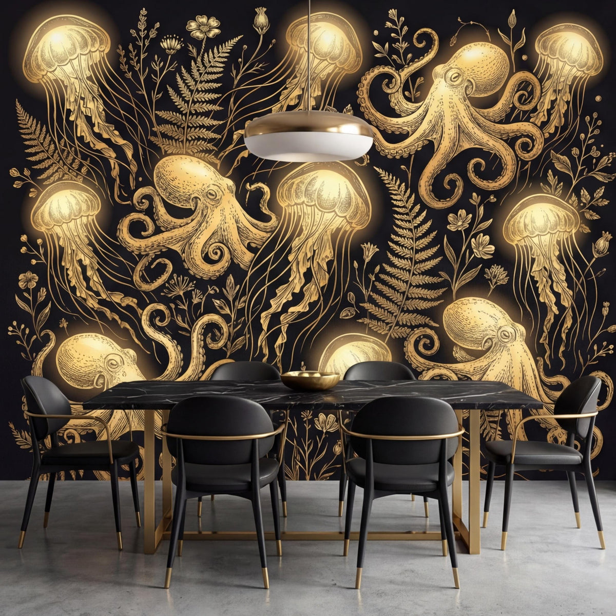 Dark ocean wall mural with gold jellyfish, octopus, and botanical fern pattern