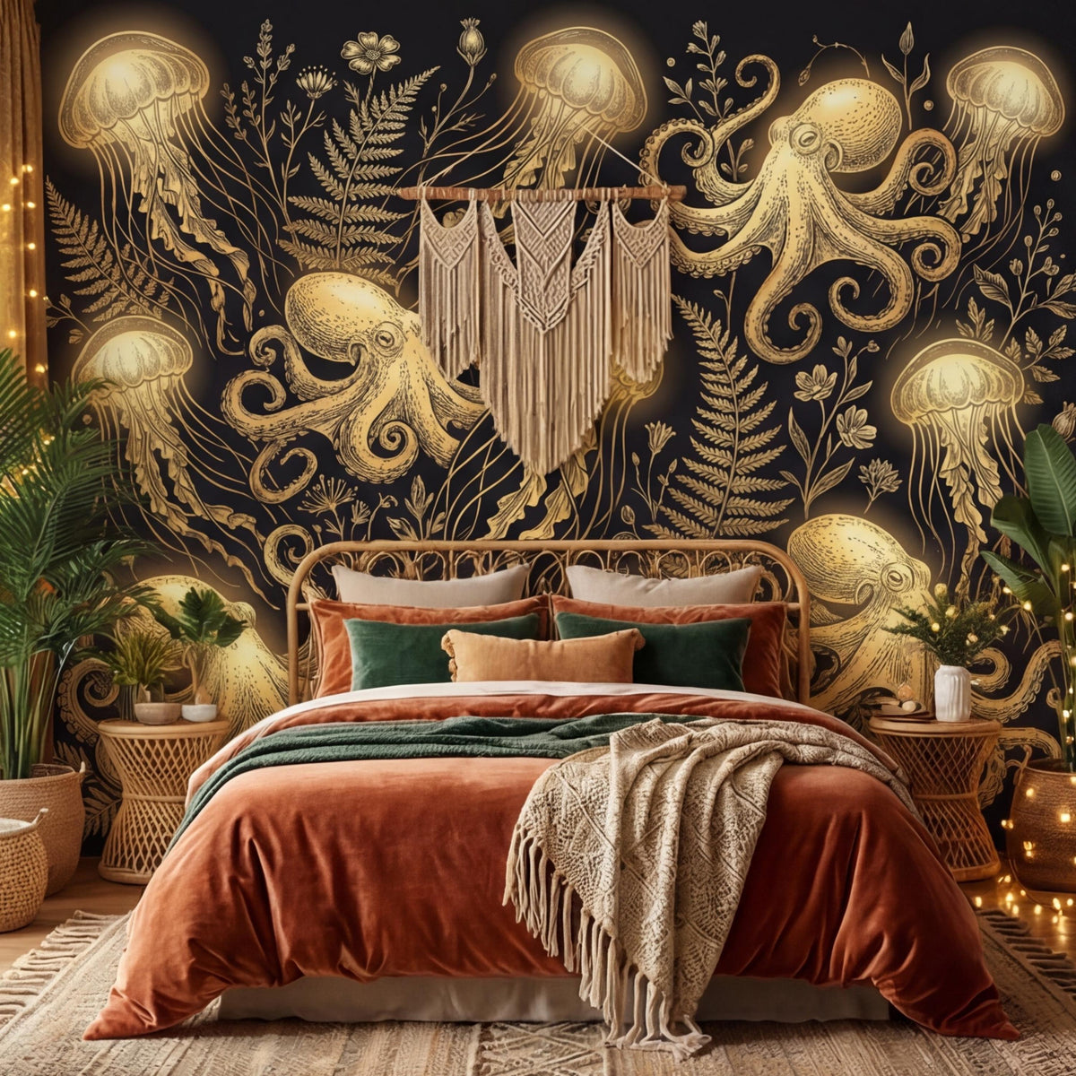 Dark ocean wall mural with gold jellyfish and octopus among fern and leaf details