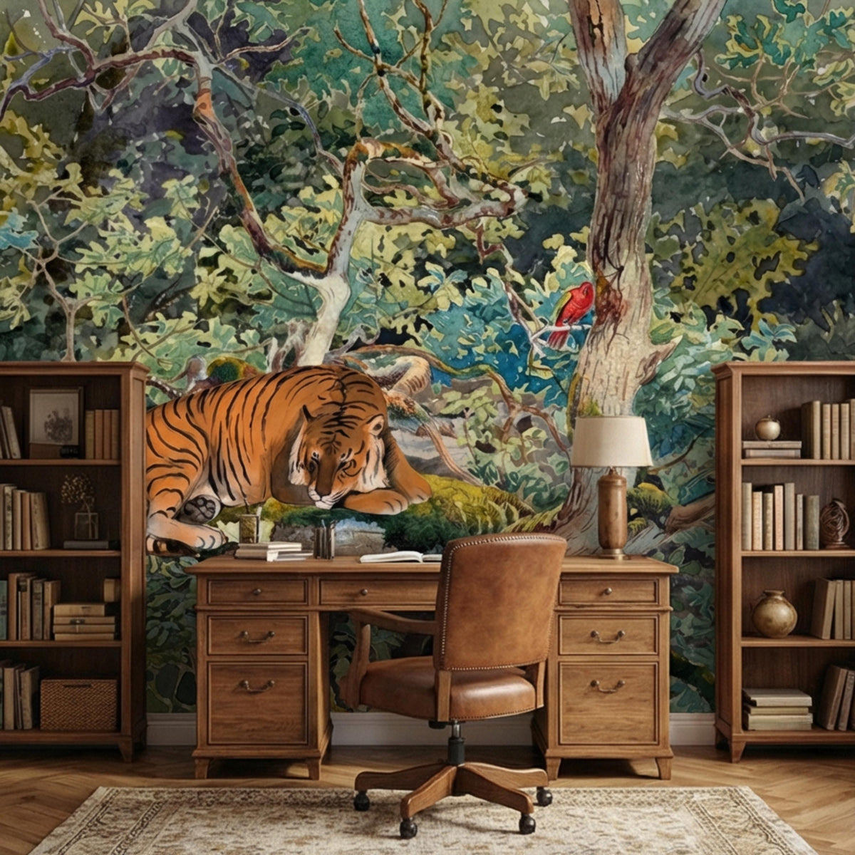 Wildlife wall mural showing a tiger lounging on a rock among dense jungle foliage