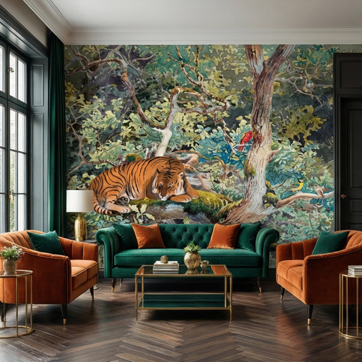 Wildlife wall mural with an orange tiger, forest canopy, and branches across the wall