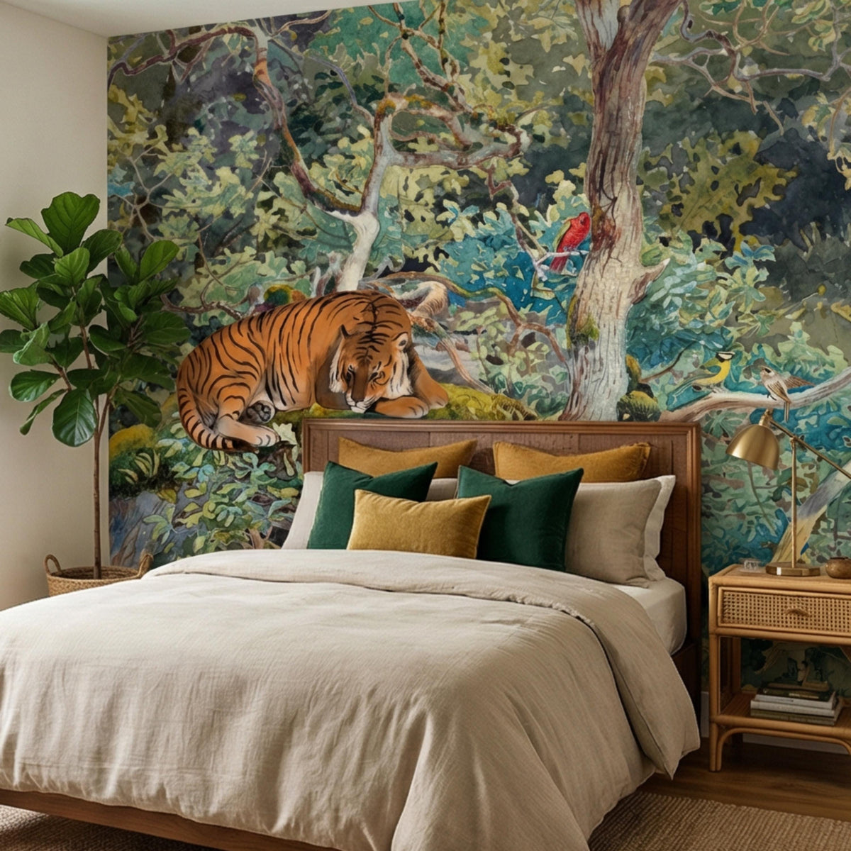 Wildlife wall mural with a tiger on a leafy forest scene and a large tree trunk