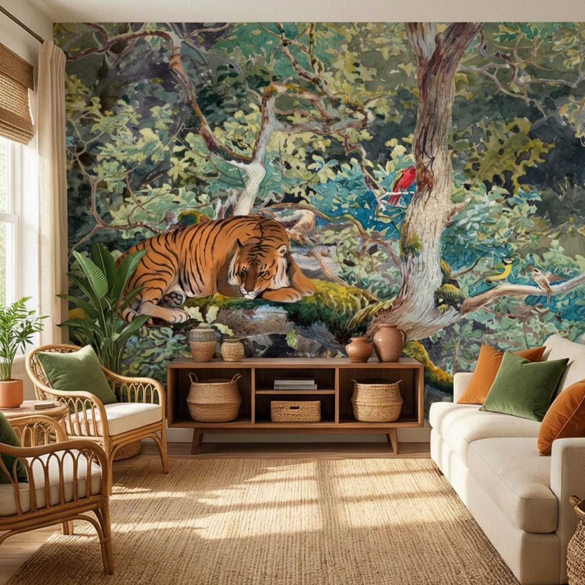 Wildlife wall mural featuring a striped tiger resting on a forest floor