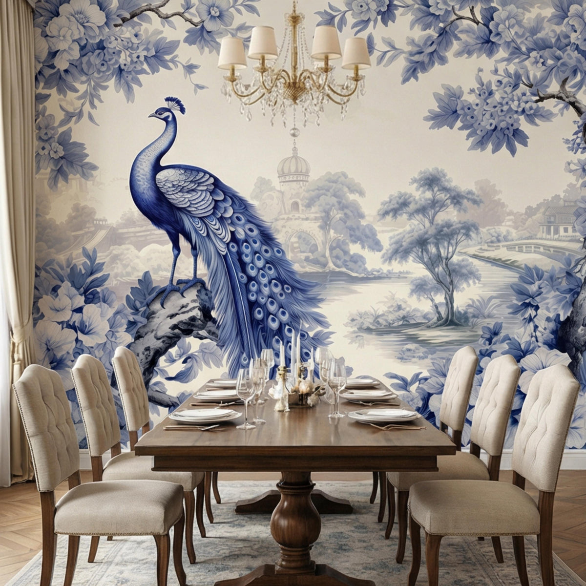 Blue and white toile wall mural featuring a standing peacock amid floral branches