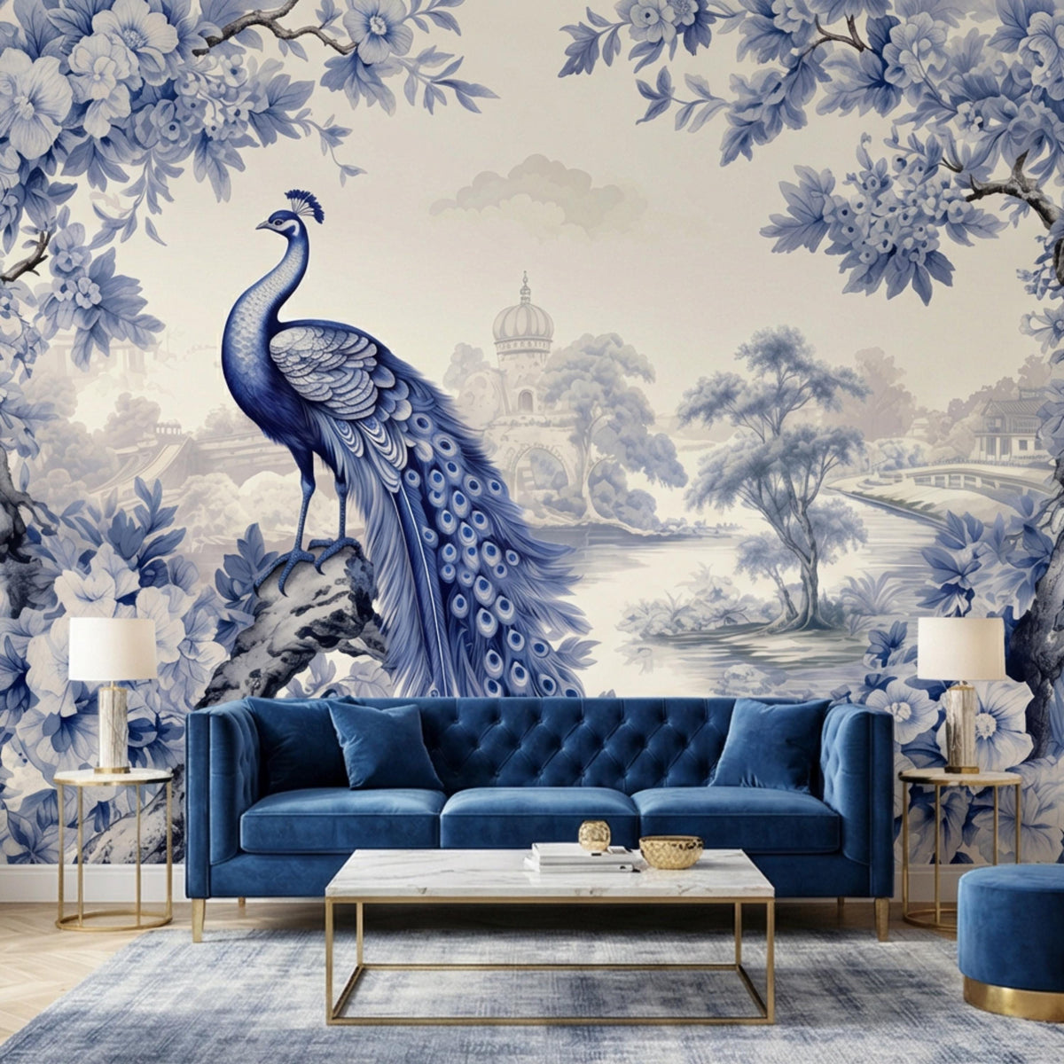 Blue and white toile wall mural with peacock, floral vines, and garden landscape