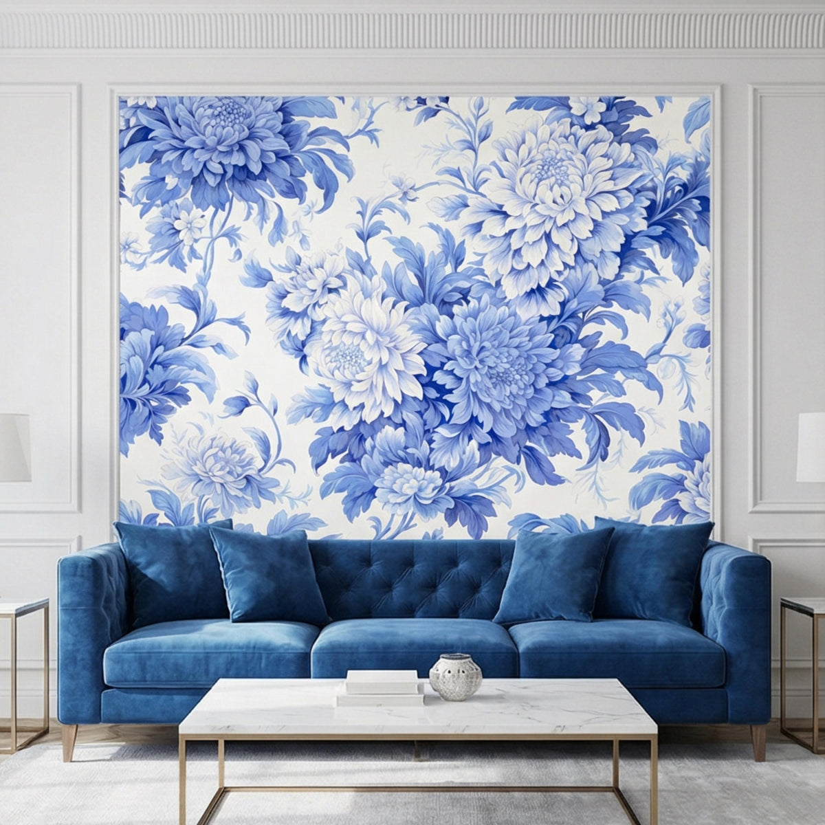 Blue and white floral wall mural with oversized peony blossoms across the wall