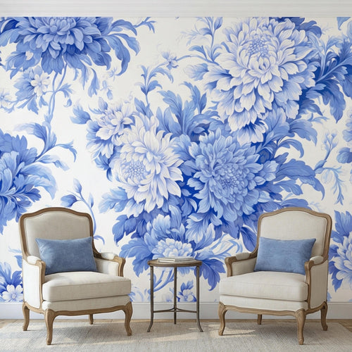 Blue and white floral wall mural with large peony-like blossoms and vines