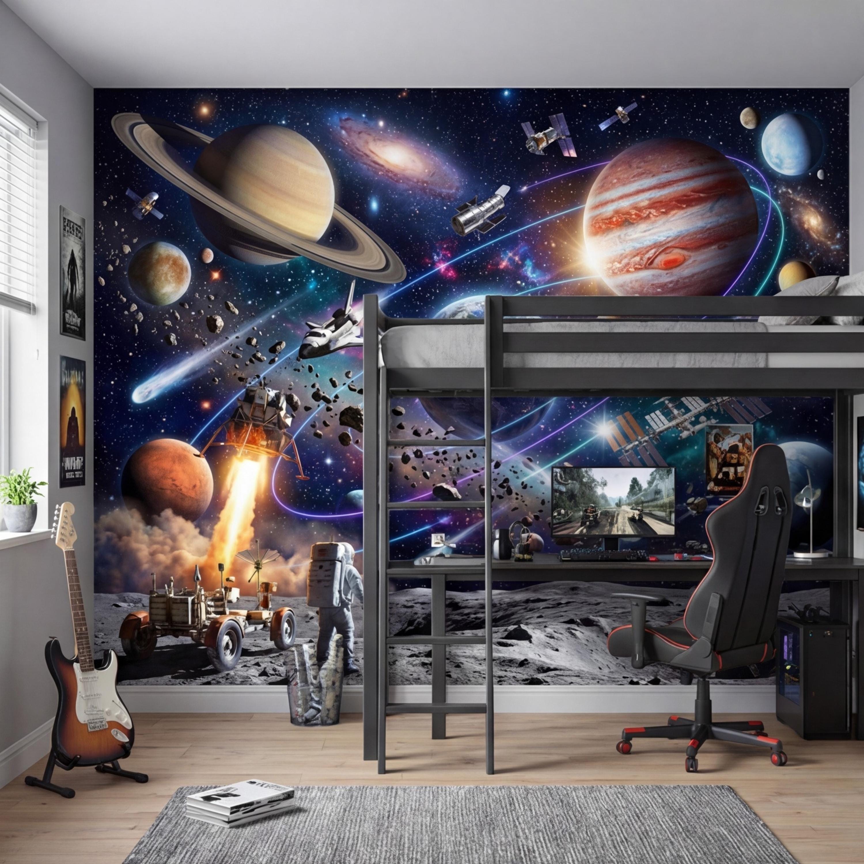 Space Galaxy Planets Peel and Stick Wall Mural, Astronaut Kids Room Removable Wallpaper, Boys Bedroom Decor