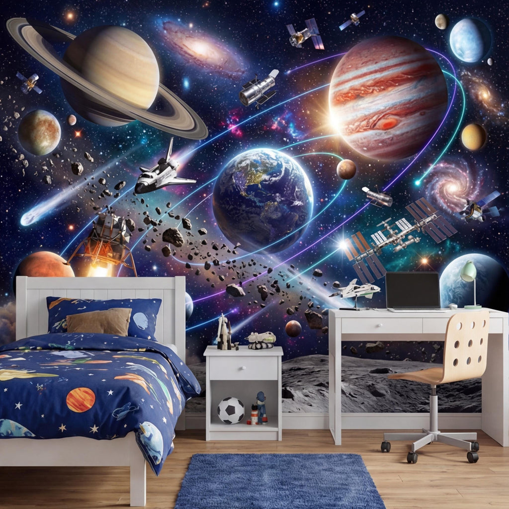 Space Galaxy Planets Peel and Stick Wall Mural, Astronaut Kids Room Removable Wallpaper, Boys Bedroom Decor