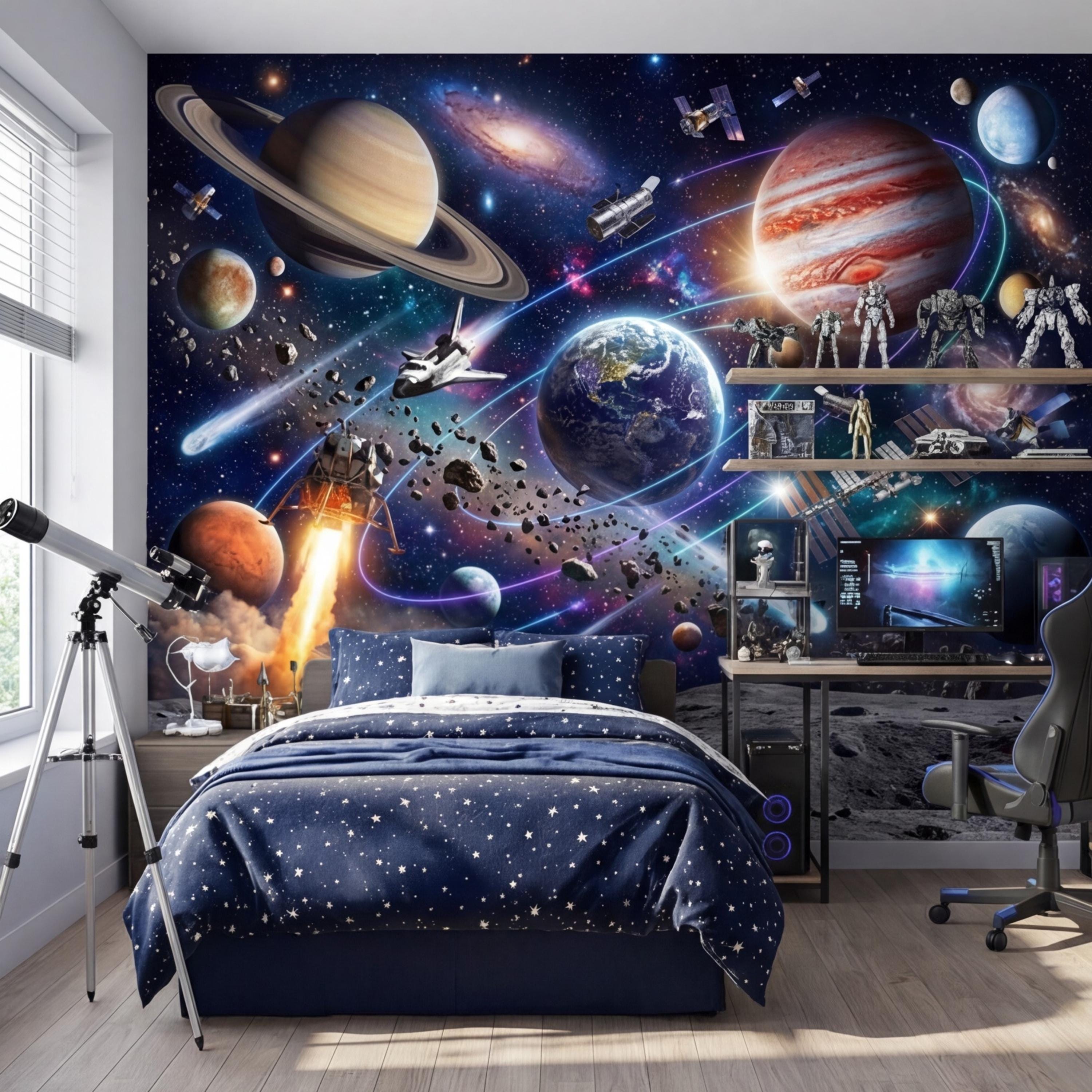 Space Galaxy Planets Peel and Stick Wall Mural, Astronaut Kids Room Removable Wallpaper, Boys Bedroom Decor