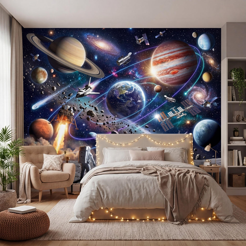 Space Galaxy Planets Peel and Stick Wall Mural, Astronaut Kids Room Removable Wallpaper, Boys Bedroom Decor