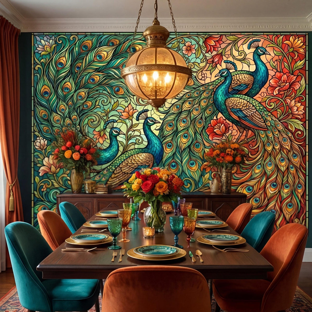Peacock floral wall mural with teal peacocks, golden swirls, and orange flower clusters
