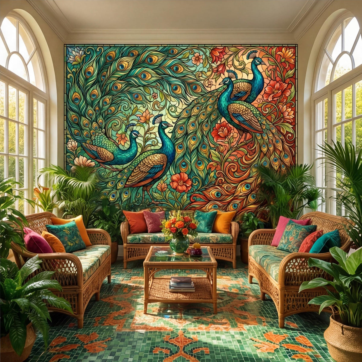 Peacock floral wall mural featuring two teal peacocks amid ornate swirling foliage