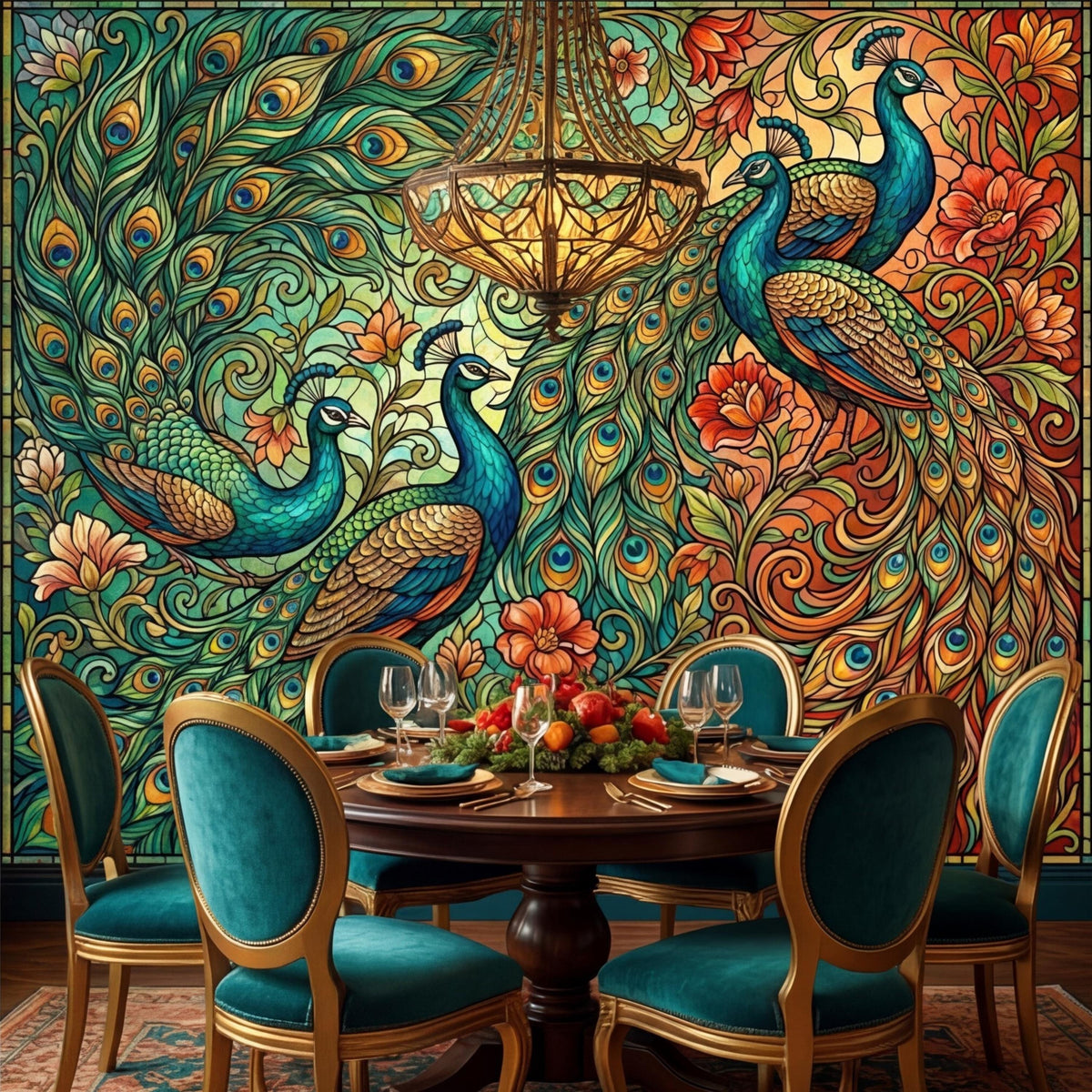 Peacock floral wall mural with Art Nouveau peacock and swirling leaves in teal, orange, and gold