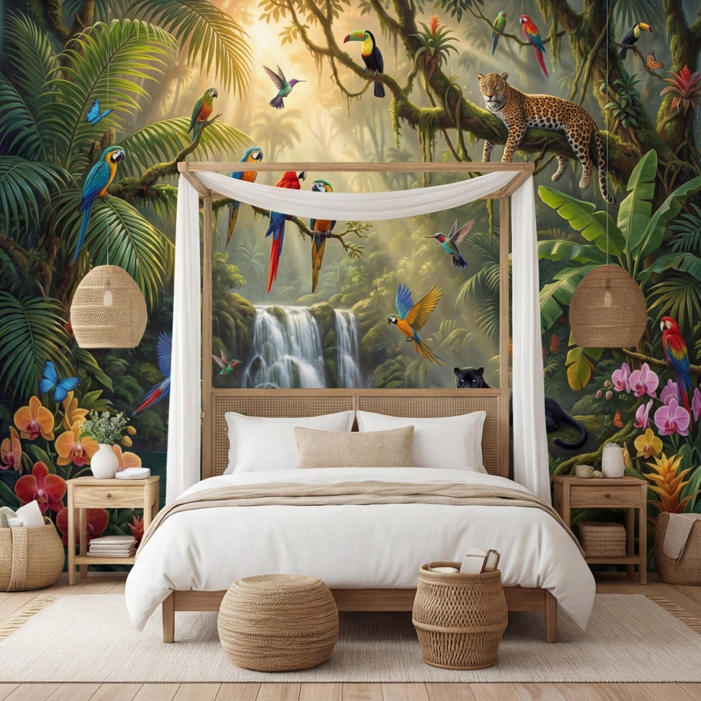 Tropical Jungle Peel and Stick Wall Mural, Rainforest Waterfall Parrots Leopard Panther Removable Wallpaper