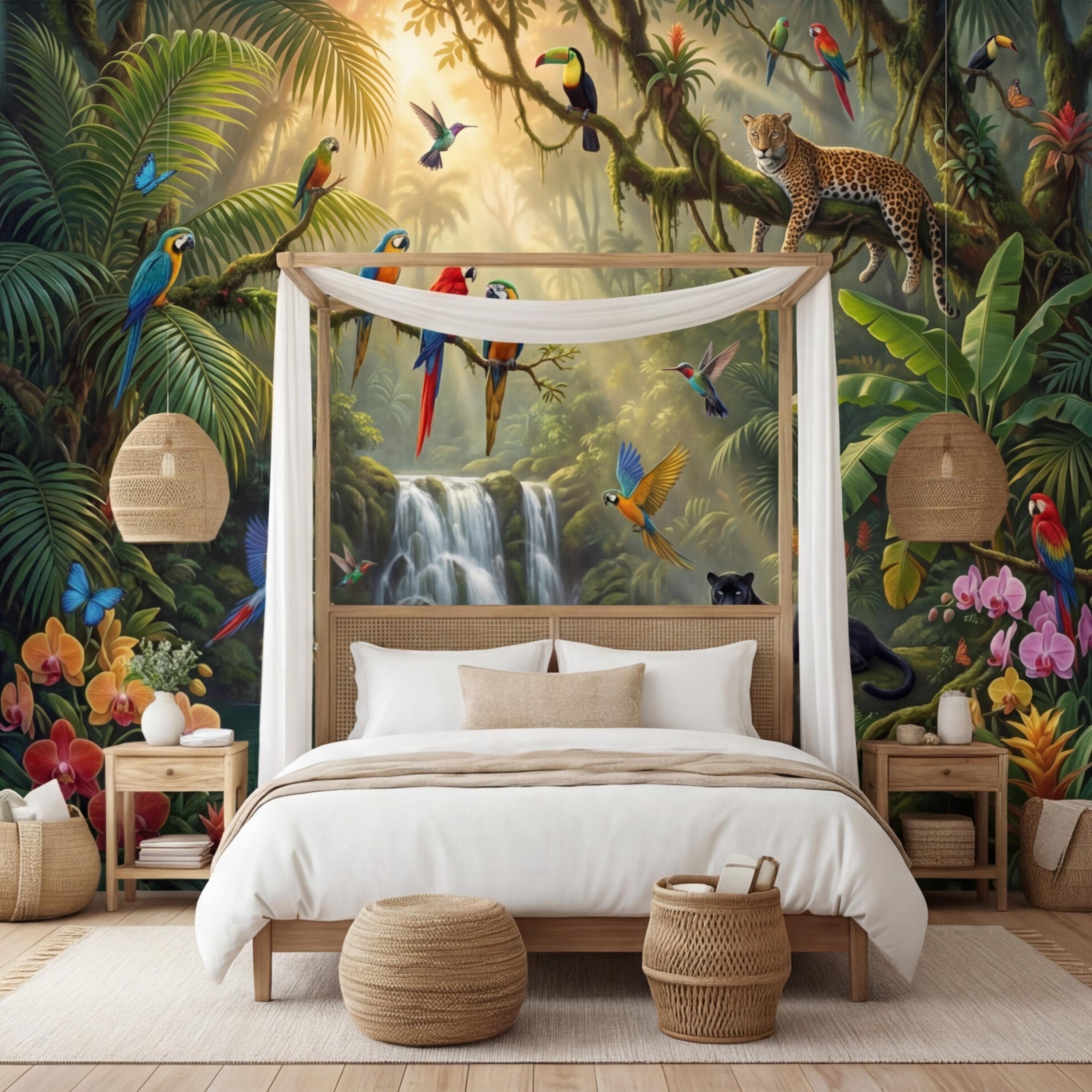 Tropical Jungle Peel and Stick Wall Mural, Rainforest Waterfall Parrots Leopard Panther Removable Wallpaper