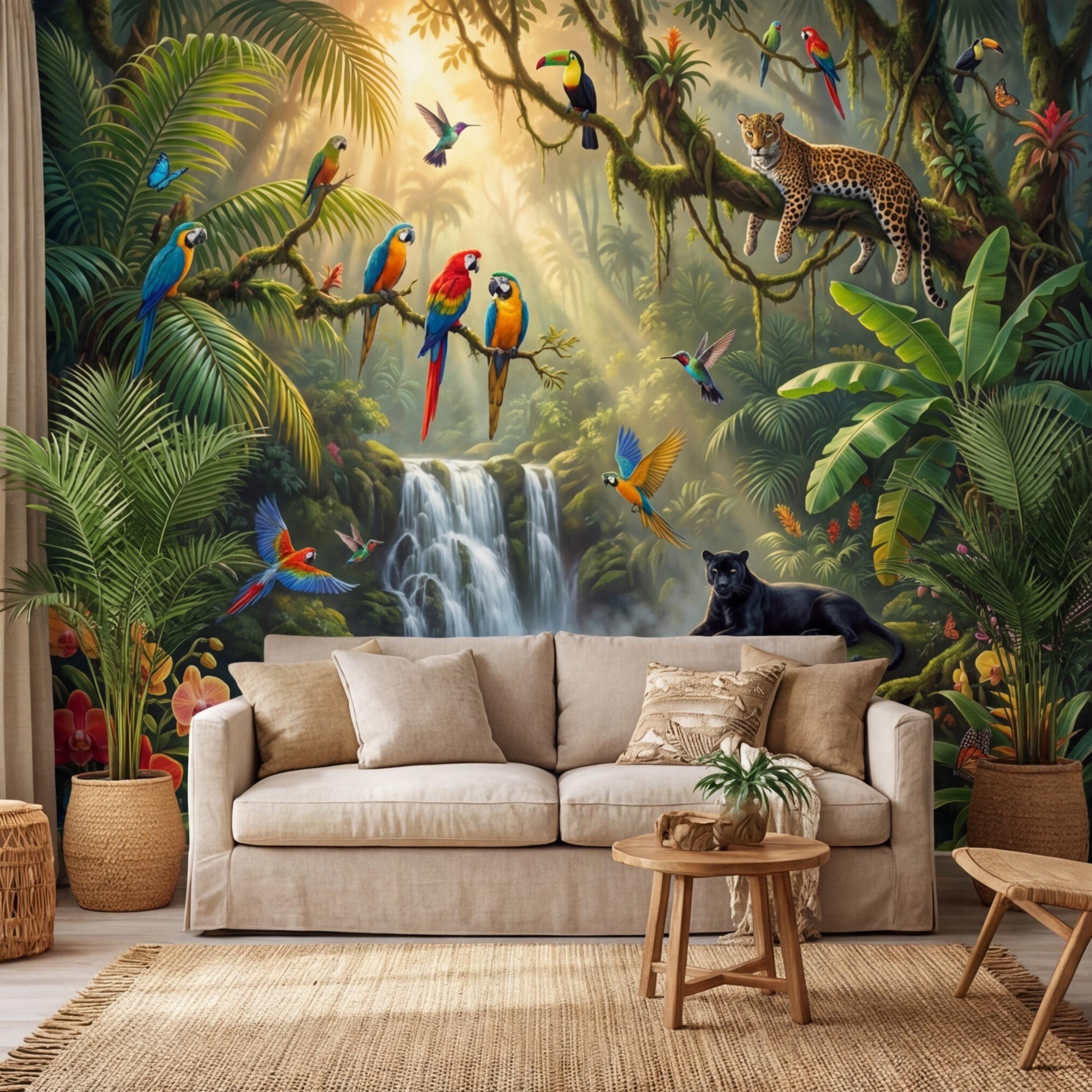 Tropical Jungle Peel and Stick Wall Mural, Rainforest Waterfall Parrots Leopard Panther Removable Wallpaper