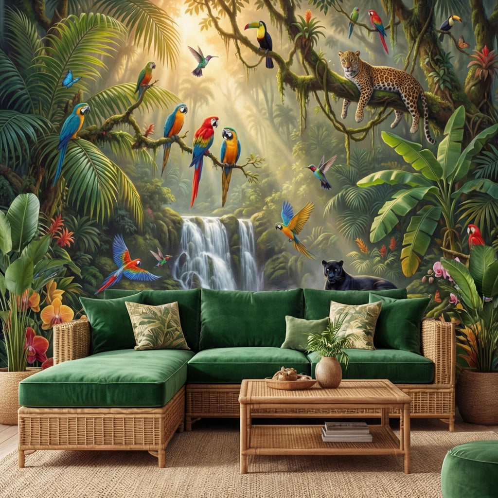 Tropical Jungle Peel and Stick Wall Mural, Rainforest Waterfall Parrots Leopard Panther Removable Wallpaper