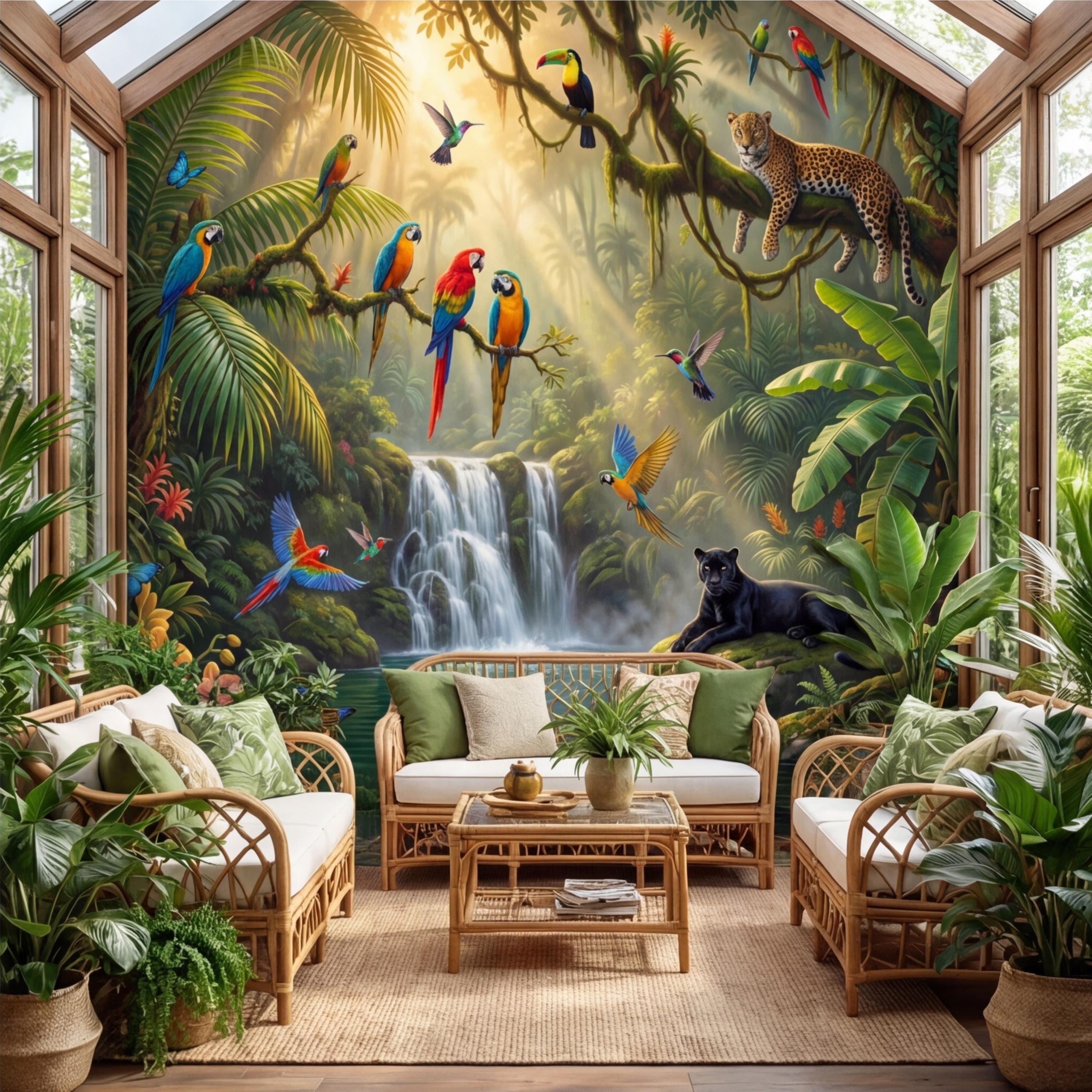 Tropical Jungle Peel and Stick Wall Mural, Rainforest Waterfall Parrots Leopard Panther Removable Wallpaper