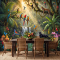 Tropical Jungle Peel and Stick Wall Mural, Rainforest Waterfall Parrots Leopard Panther Removable Wallpaper