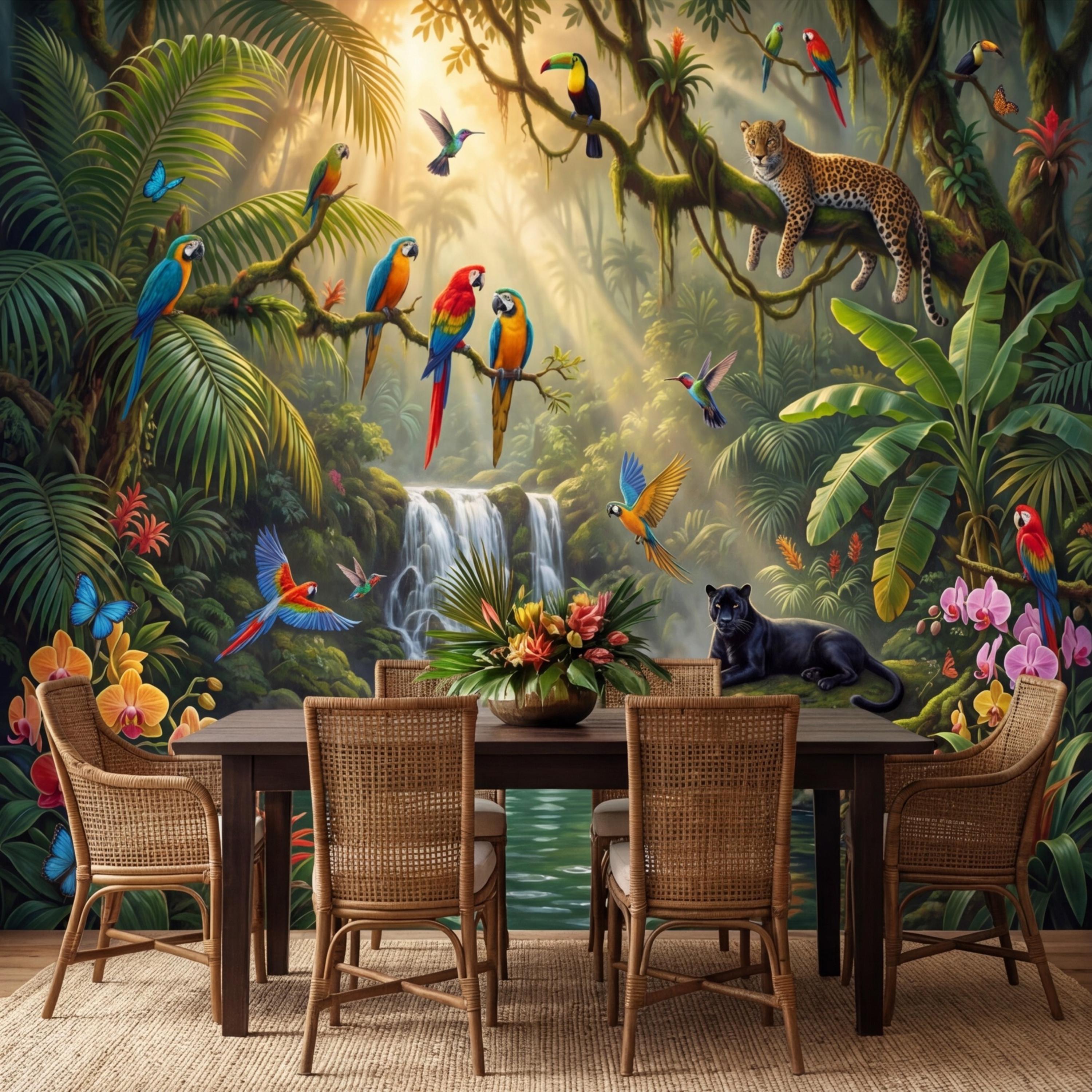 Tropical Jungle Peel and Stick Wall Mural, Rainforest Waterfall Parrots Leopard Panther Removable Wallpaper