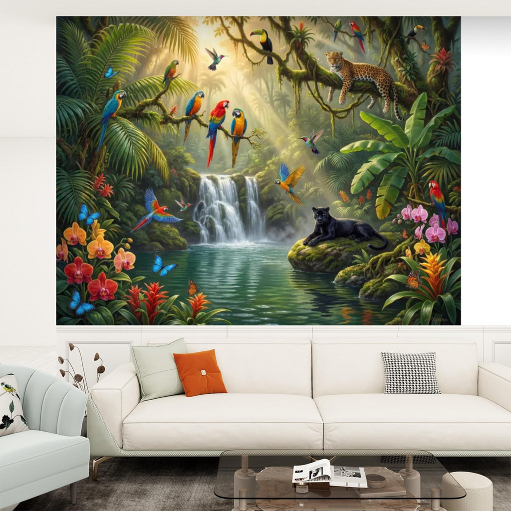 Tropical Jungle Peel and Stick Wall Mural, Rainforest Waterfall Parrots Leopard Panther Removable Wallpaper