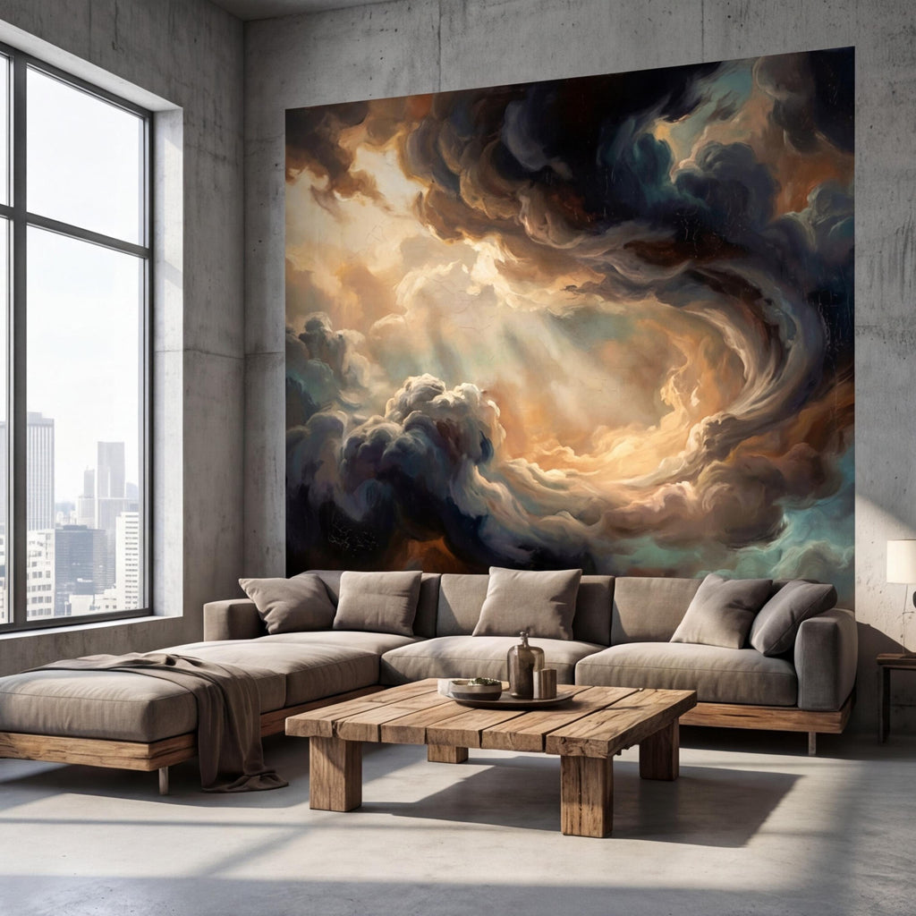 Dark Baroque Oil Painting Style Cloud Sky Peel and Stick Wall Mural, Moody Vintage Dramatic Wallpaper
