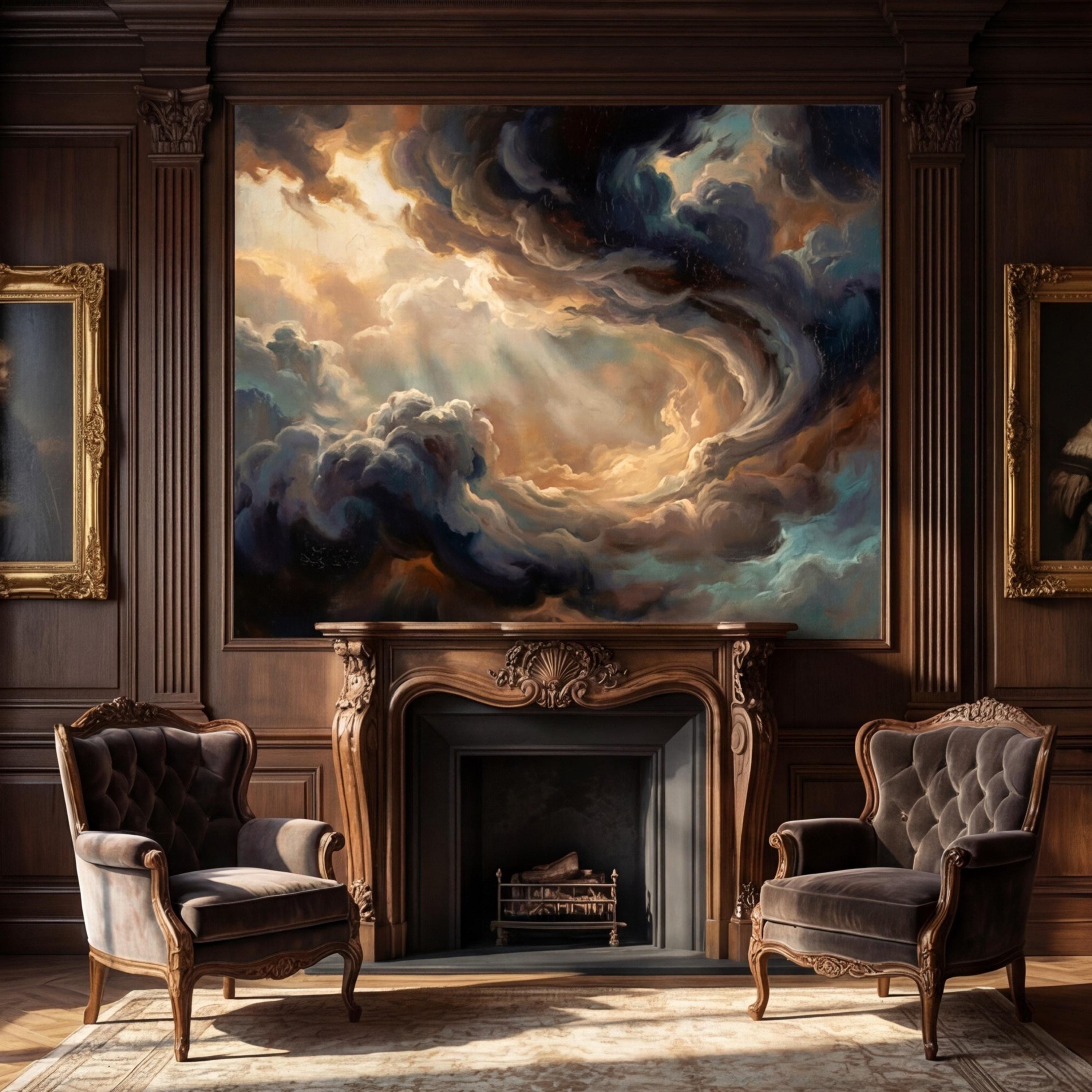 Dark Baroque Oil Painting Style Cloud Sky Peel and Stick Wall Mural, Moody Vintage Dramatic Wallpaper