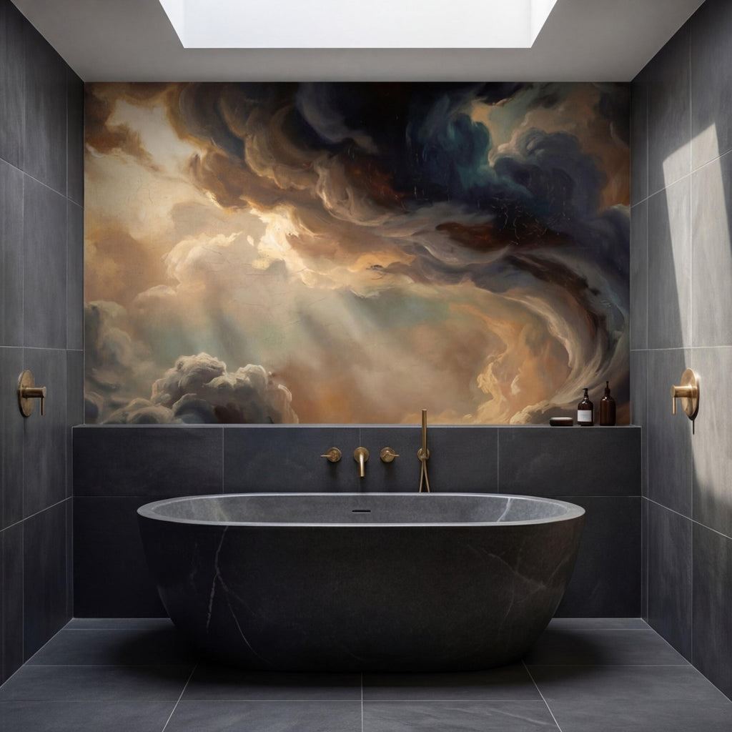 Dark Baroque Oil Painting Style Cloud Sky Peel and Stick Wall Mural, Moody Vintage Dramatic Wallpaper