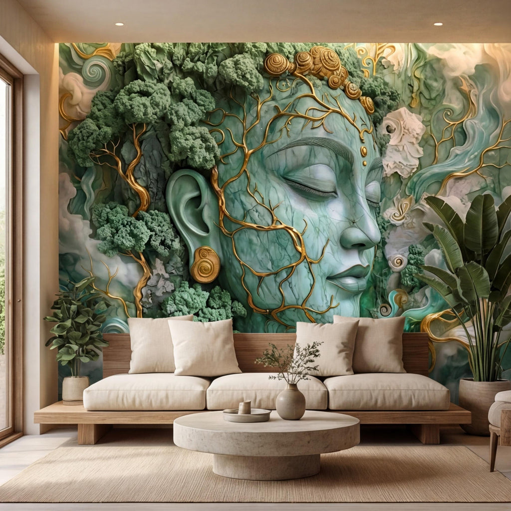 Jade Nature Goddess Peel and Stick Wall Mural, Fantasy Female Face Wallpaper, Boho Spiritual Meditation Wall Art