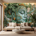 Jade Nature Goddess Peel and Stick Wall Mural, Fantasy Female Face Wallpaper, Boho Spiritual Meditation Wall Art