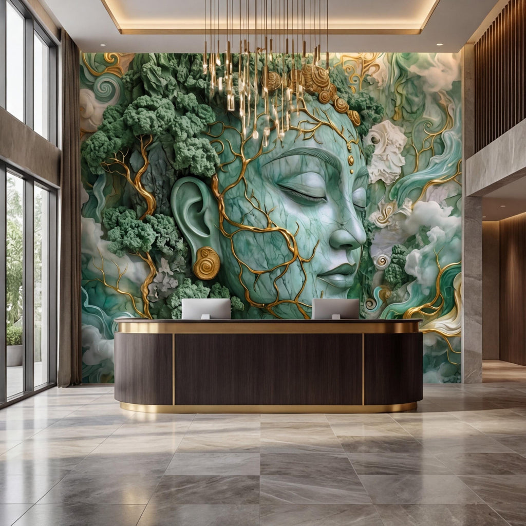 Jade Nature Goddess Peel and Stick Wall Mural, Fantasy Female Face Wallpaper, Boho Spiritual Meditation Wall Art