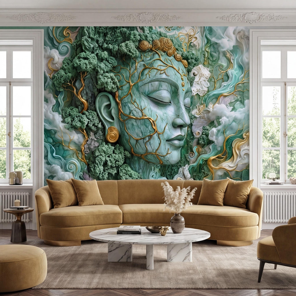 Jade Nature Goddess Peel and Stick Wall Mural, Fantasy Female Face Wallpaper, Boho Spiritual Meditation Wall Art