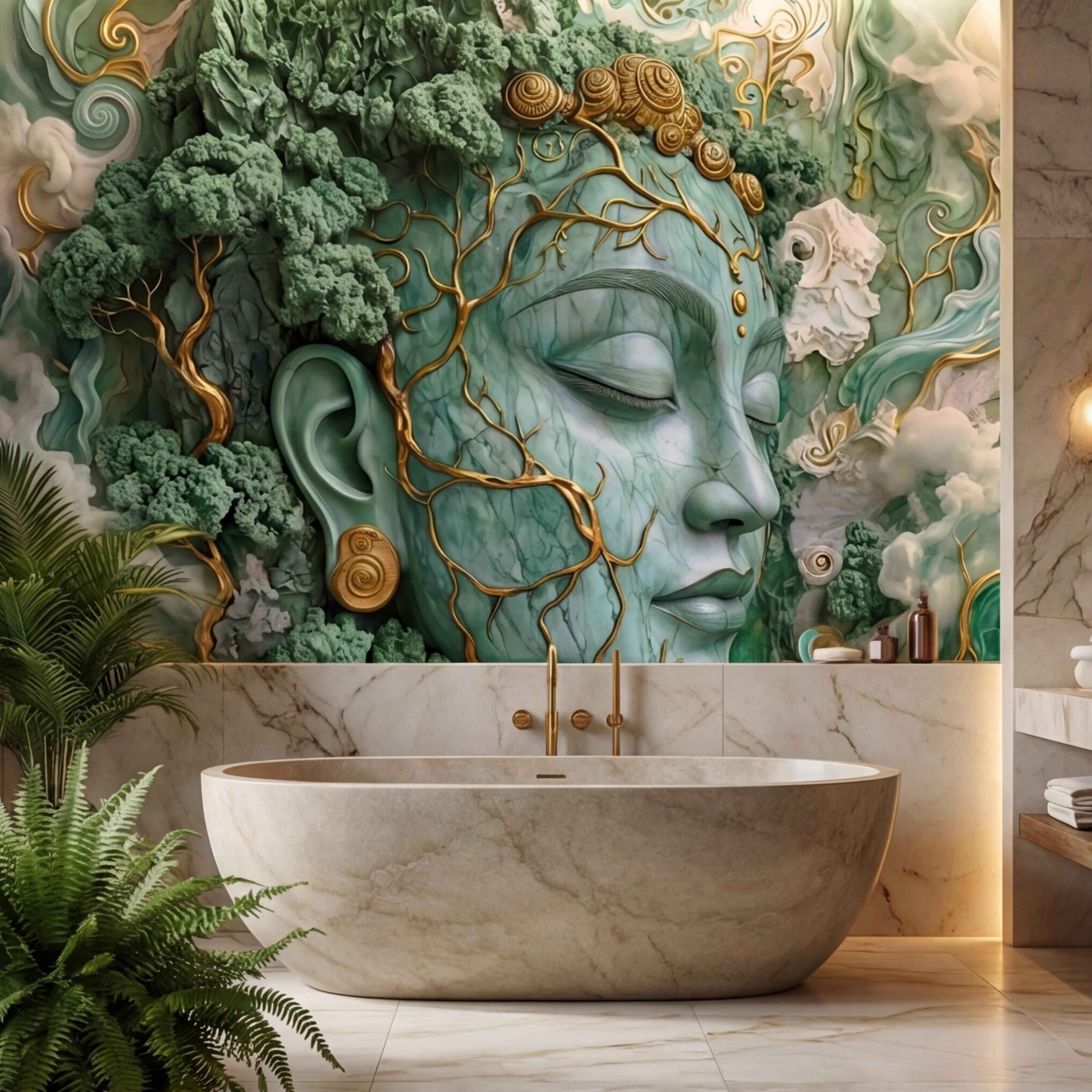 Jade Nature Goddess Peel and Stick Wall Mural, Fantasy Female Face Wallpaper, Boho Spiritual Meditation Wall Art