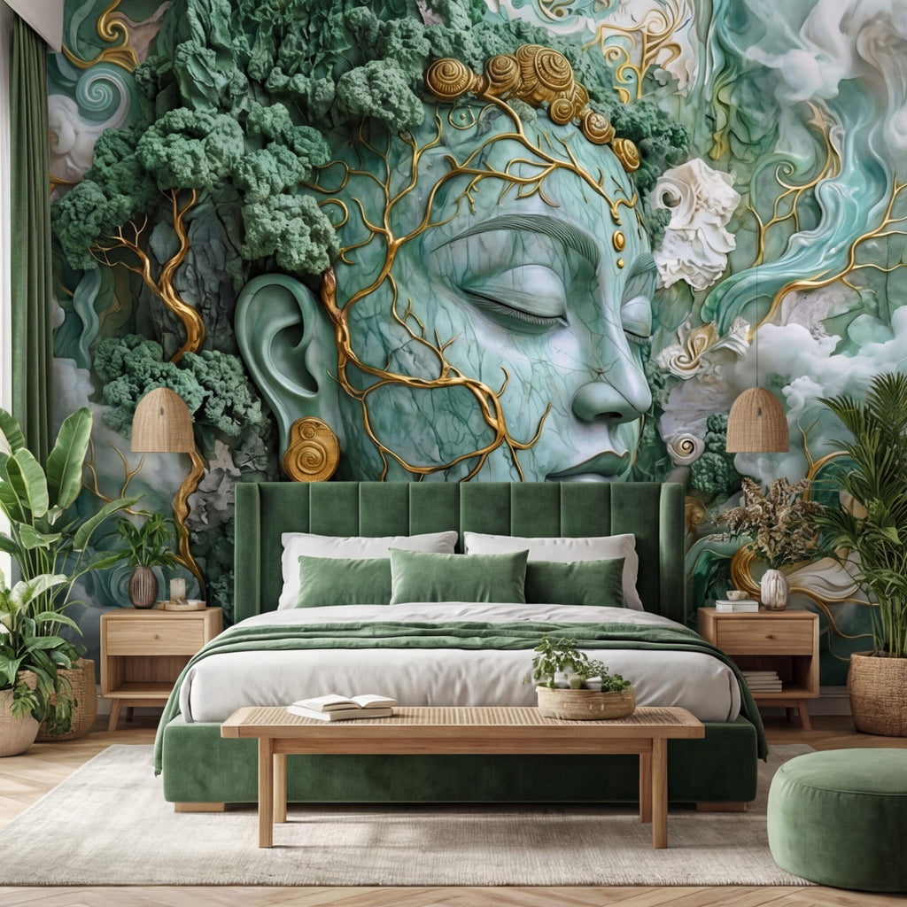 Jade Nature Goddess Peel and Stick Wall Mural, Fantasy Female Face Wallpaper, Boho Spiritual Meditation Wall Art