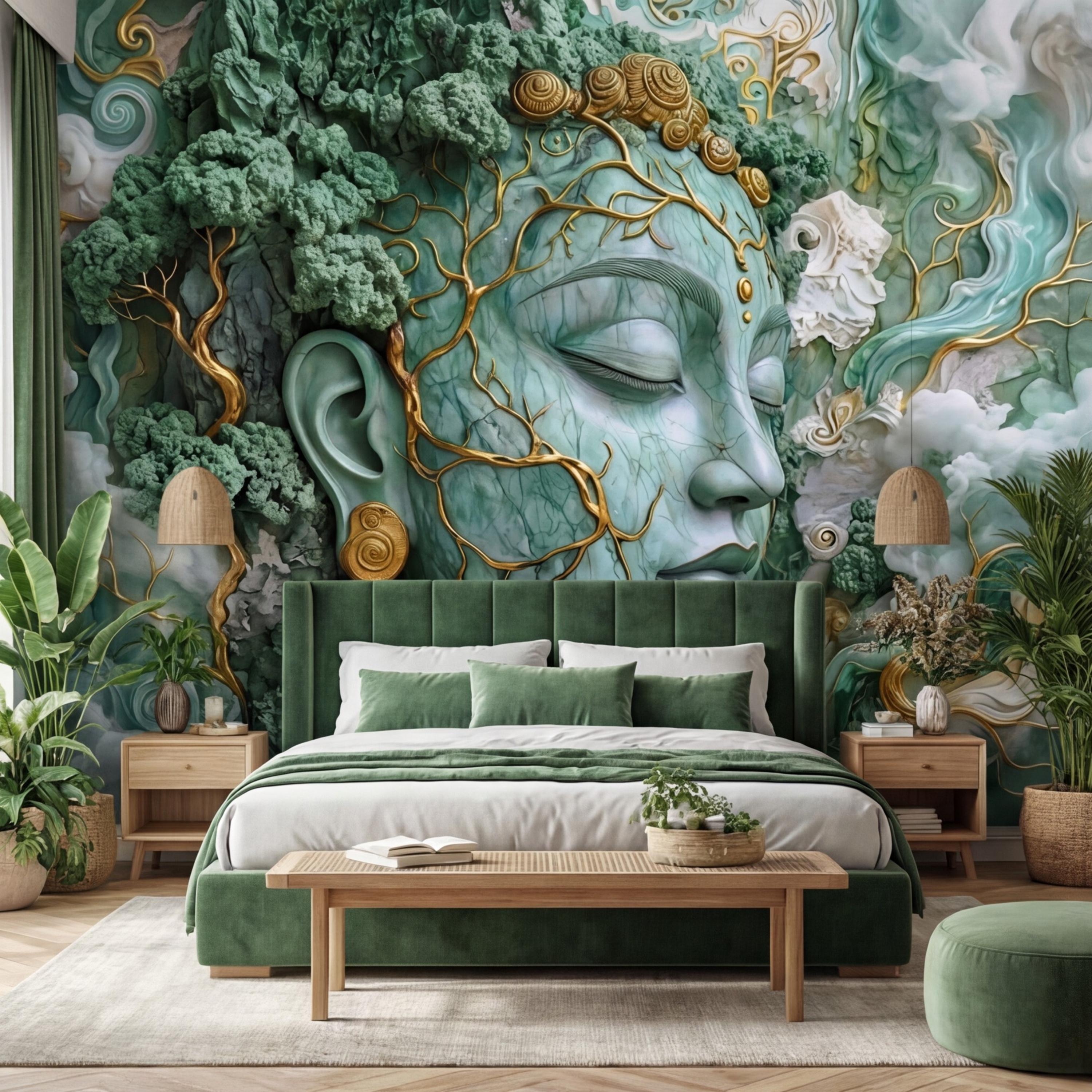 Jade Nature Goddess Peel and Stick Wall Mural, Fantasy Female Face Wallpaper, Boho Spiritual Meditation Wall Art