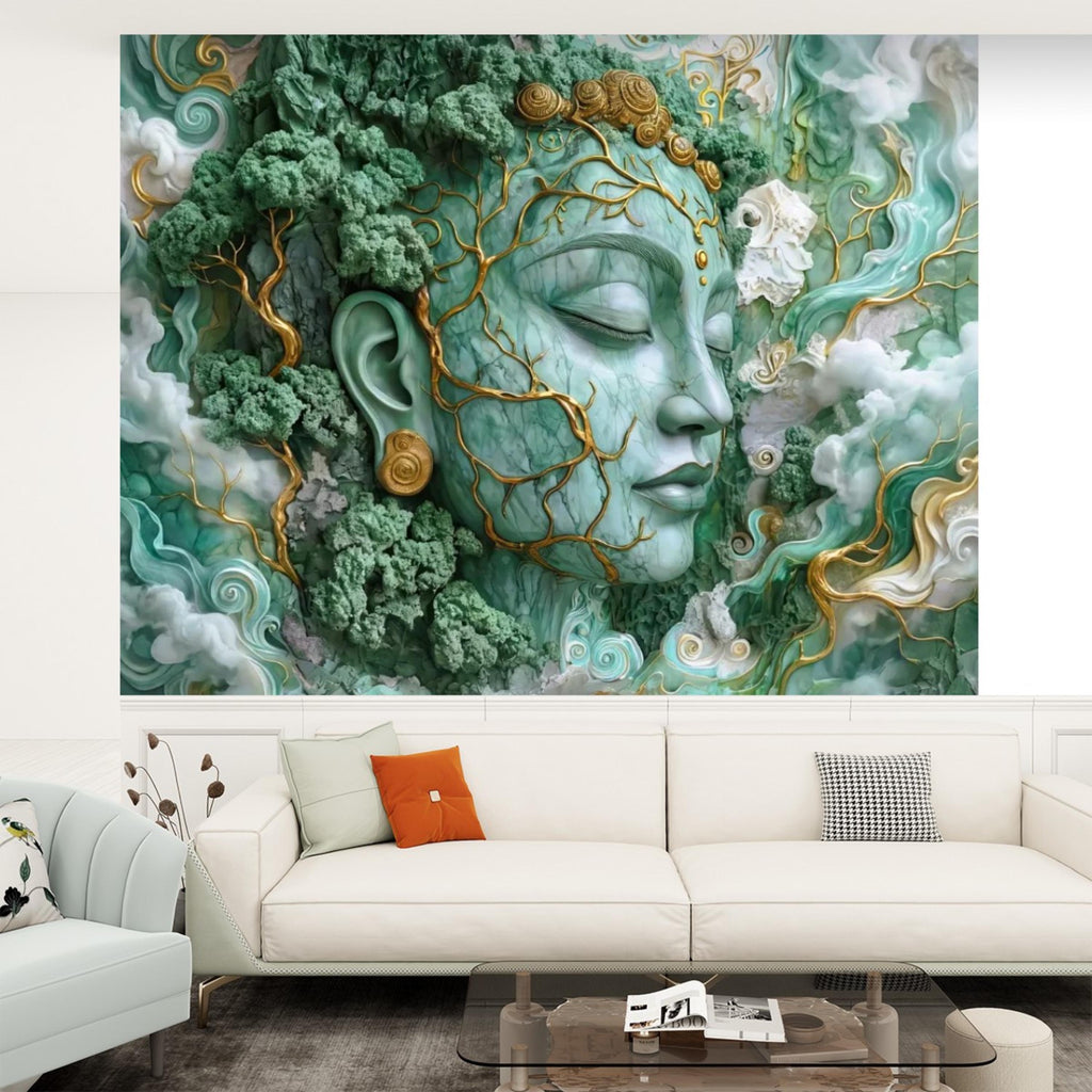 Jade Nature Goddess Peel and Stick Wall Mural, Fantasy Female Face Wallpaper, Boho Spiritual Meditation Wall Art