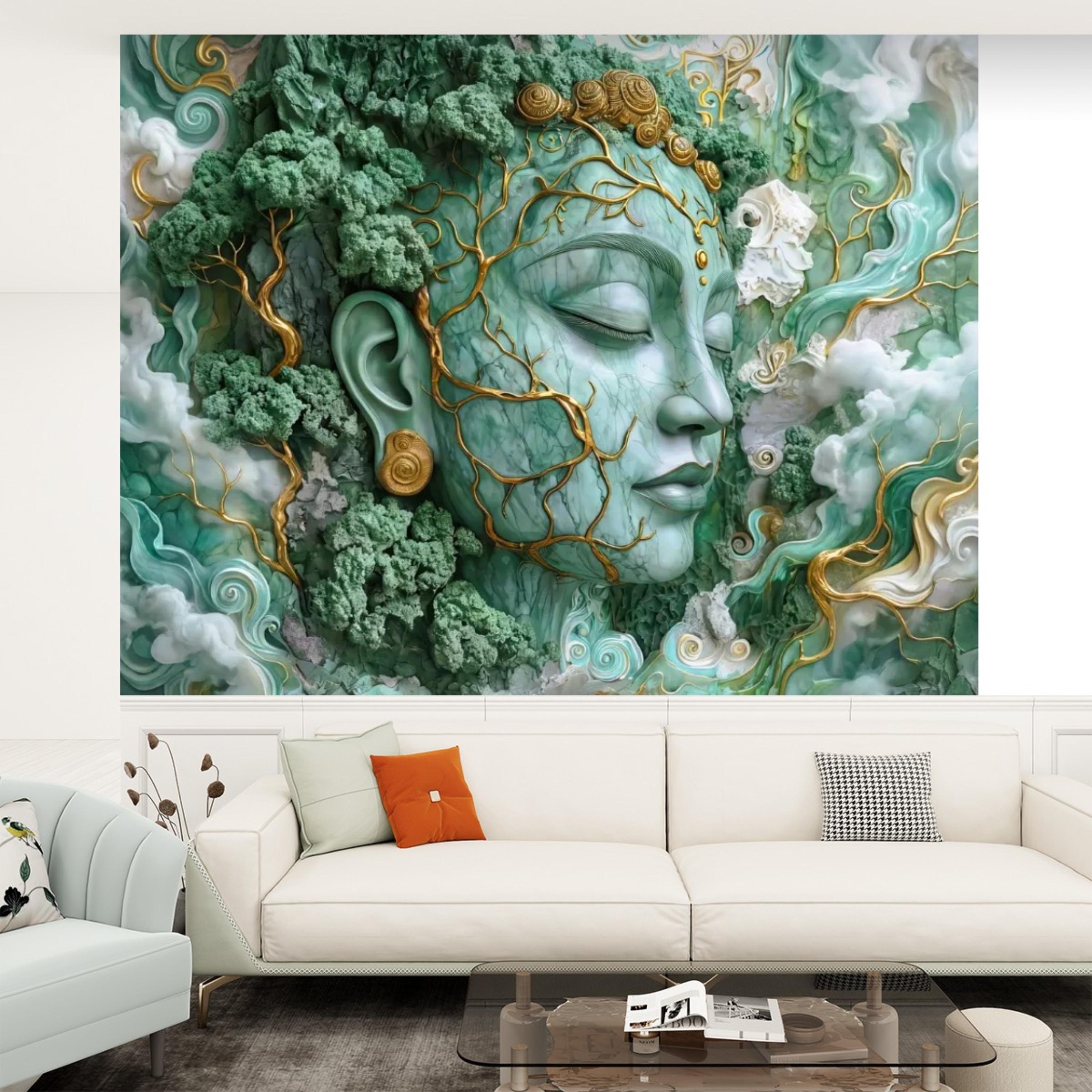 Jade Nature Goddess Peel and Stick Wall Mural, Fantasy Female Face Wallpaper, Boho Spiritual Meditation Wall Art
