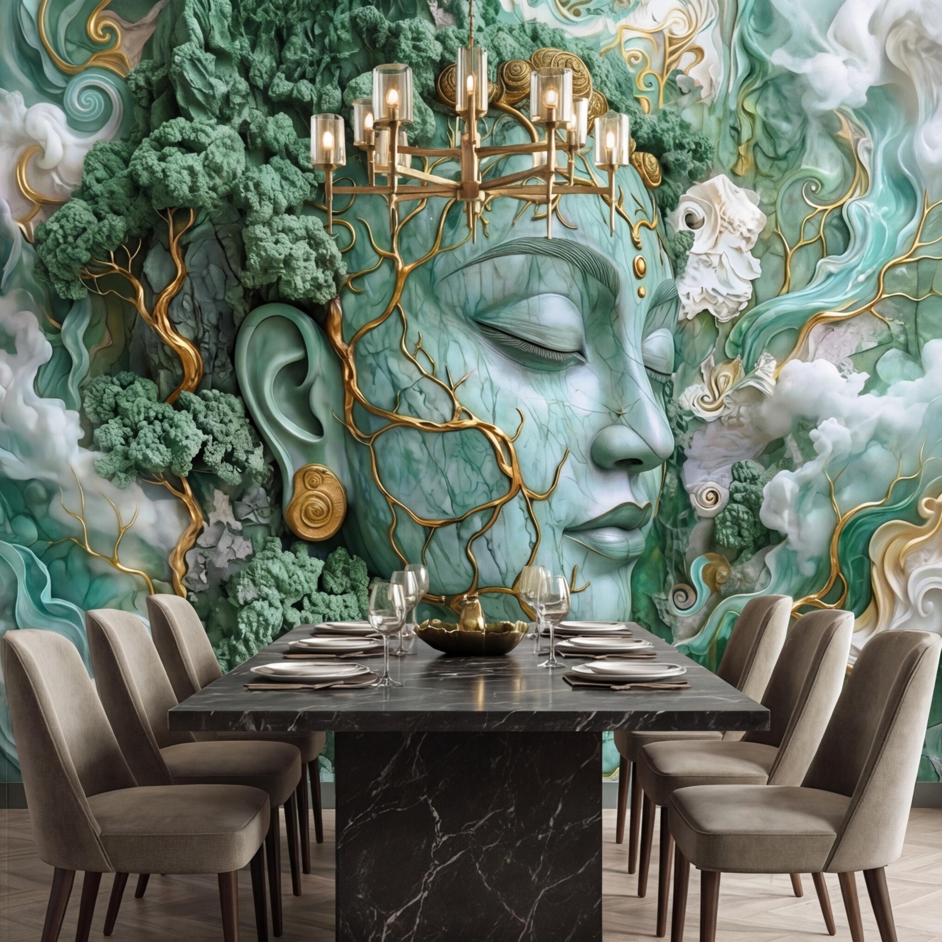 Jade Nature Goddess Peel and Stick Wall Mural, Fantasy Female Face Wallpaper, Boho Spiritual Meditation Wall Art