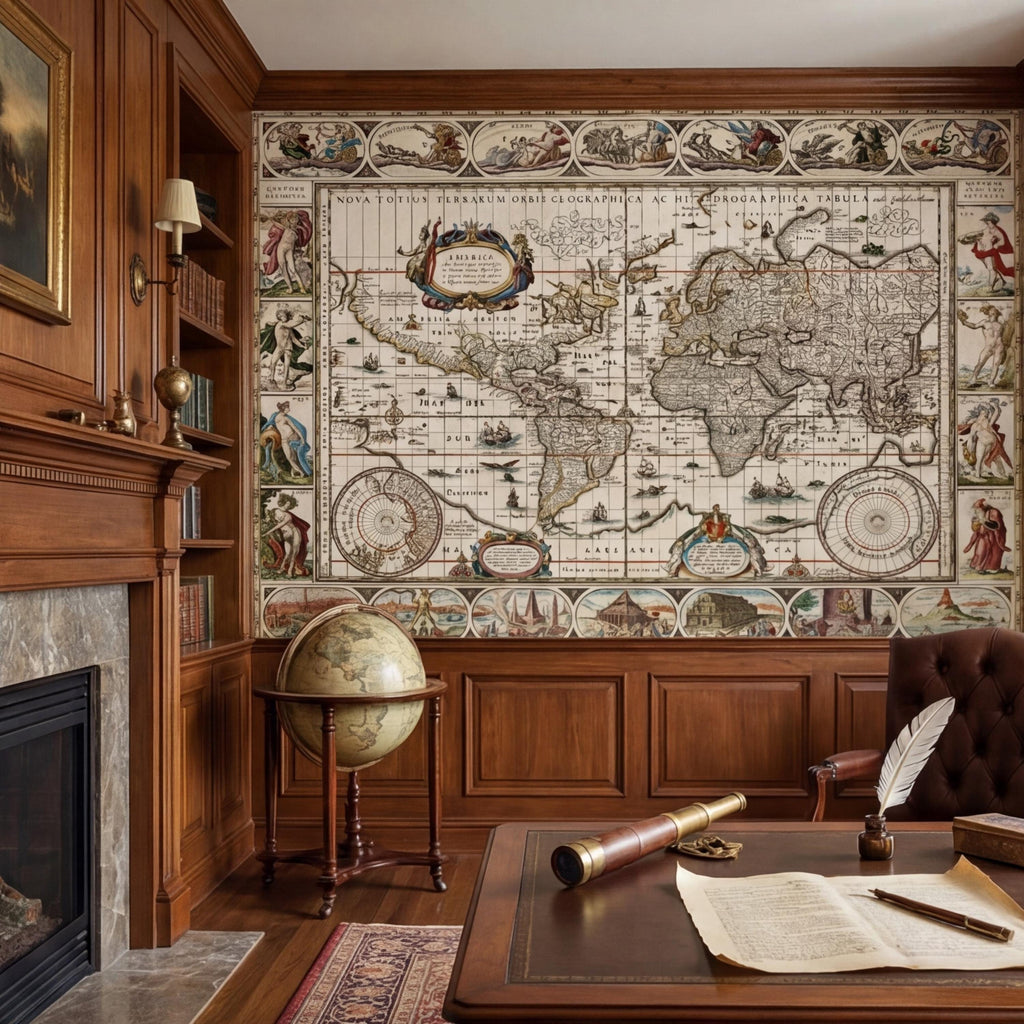 Vintage World Map Peel and Stick Removable Wall Mural, Antique Map Wallpaper, Old World Atlas Wall Art