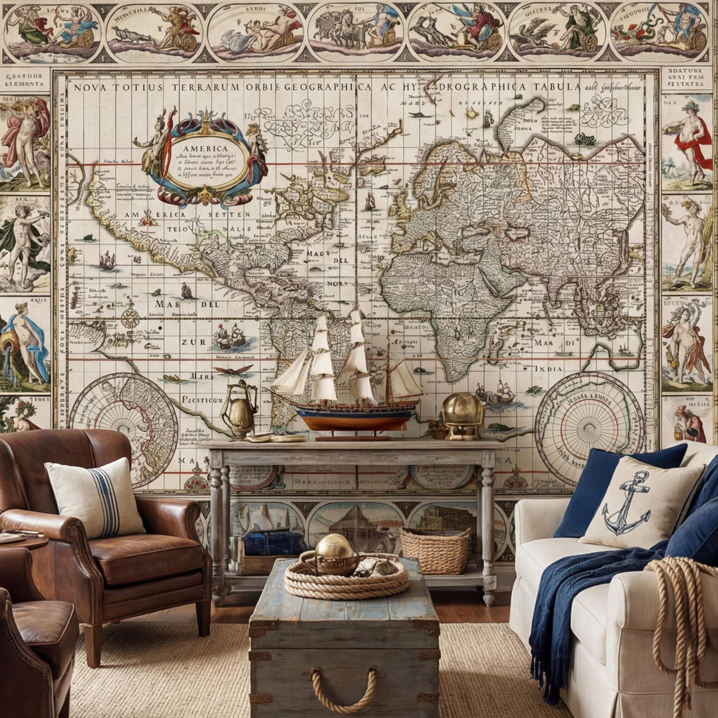 Vintage World Map Peel and Stick Removable Wall Mural, Antique Map Wallpaper, Old World Atlas Wall Art