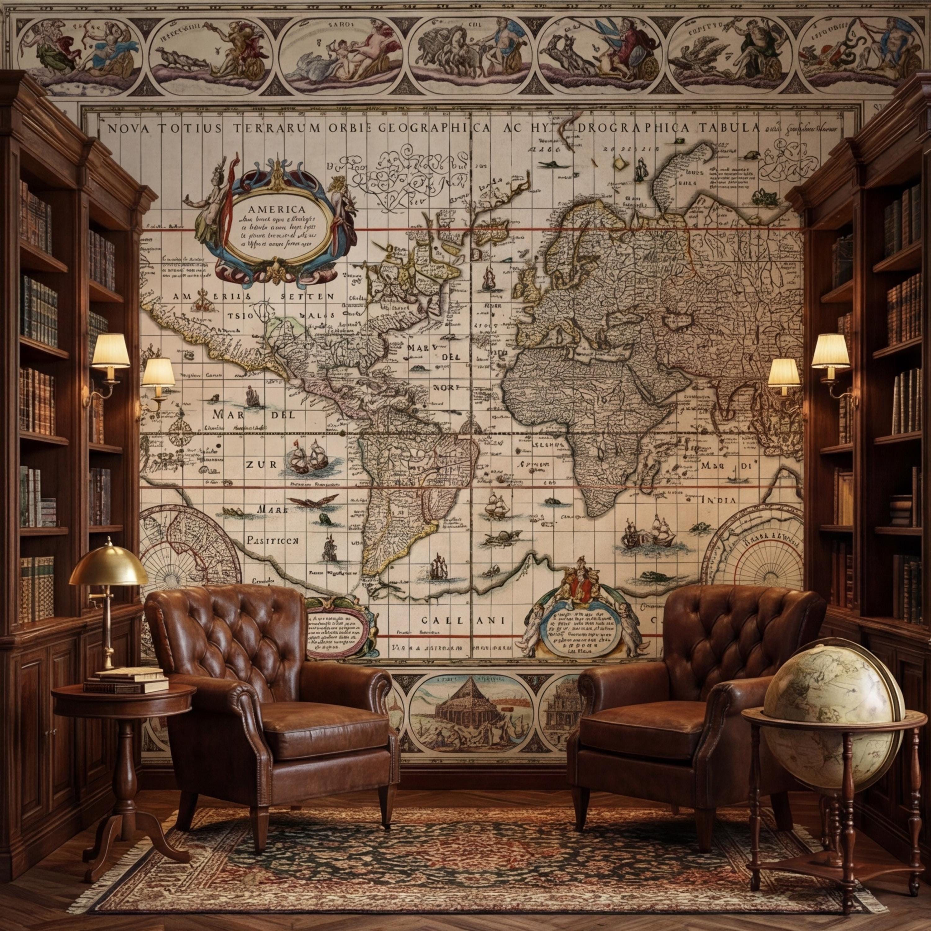 Vintage World Map Peel and Stick Removable Wall Mural, Antique Map Wallpaper, Old World Atlas Wall Art