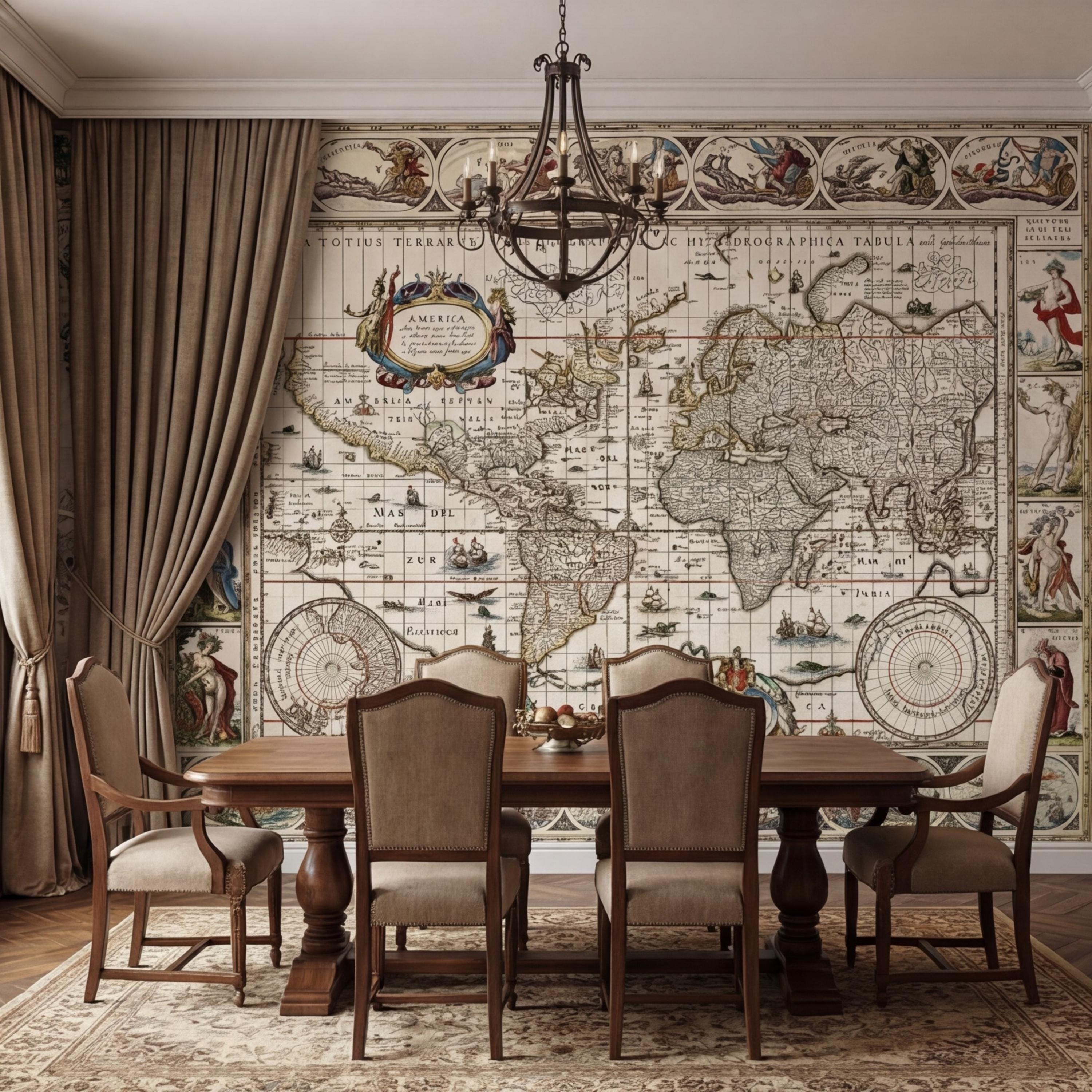 Vintage World Map Peel and Stick Removable Wall Mural, Antique Map Wallpaper, Old World Atlas Wall Art