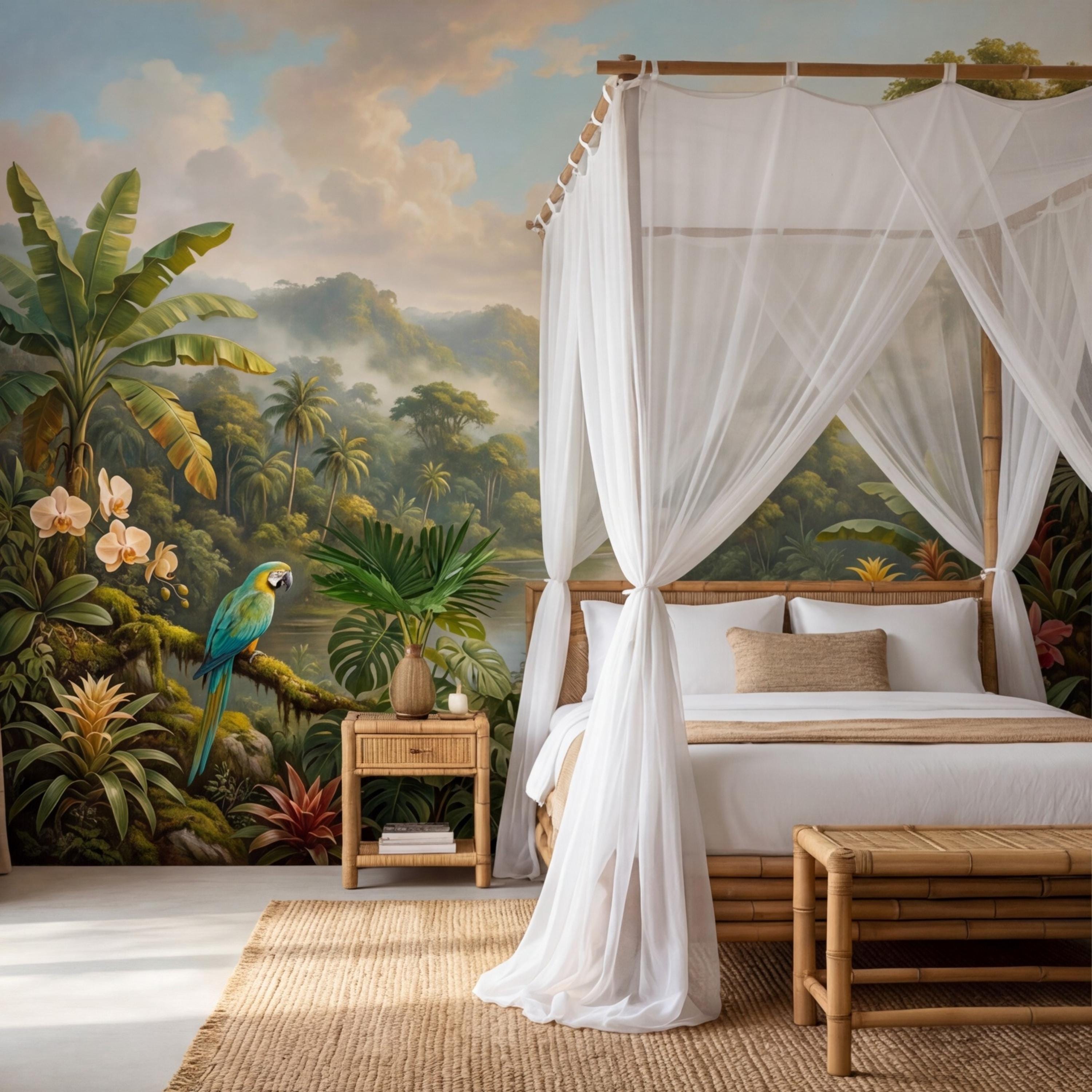 Jungle Tropical Rainforest River Peel and Stick Wall Mural, Parrot Orchids & Misty Mountains Removable Wallpaper