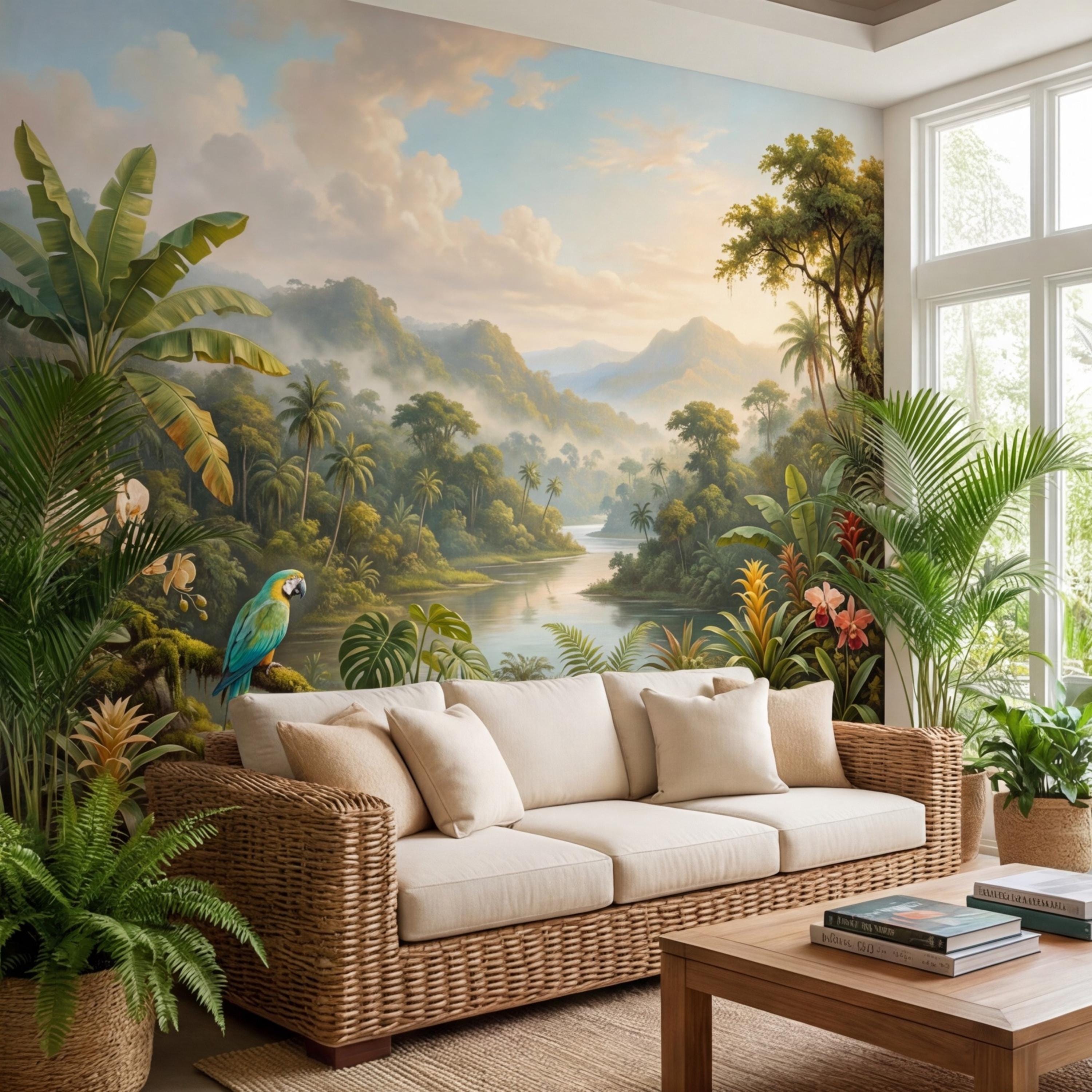 Jungle Tropical Rainforest River Peel and Stick Wall Mural, Parrot Orchids & Misty Mountains Removable Wallpaper