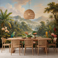 Jungle Tropical Rainforest River Peel and Stick Wall Mural, Parrot Orchids & Misty Mountains Removable Wallpaper