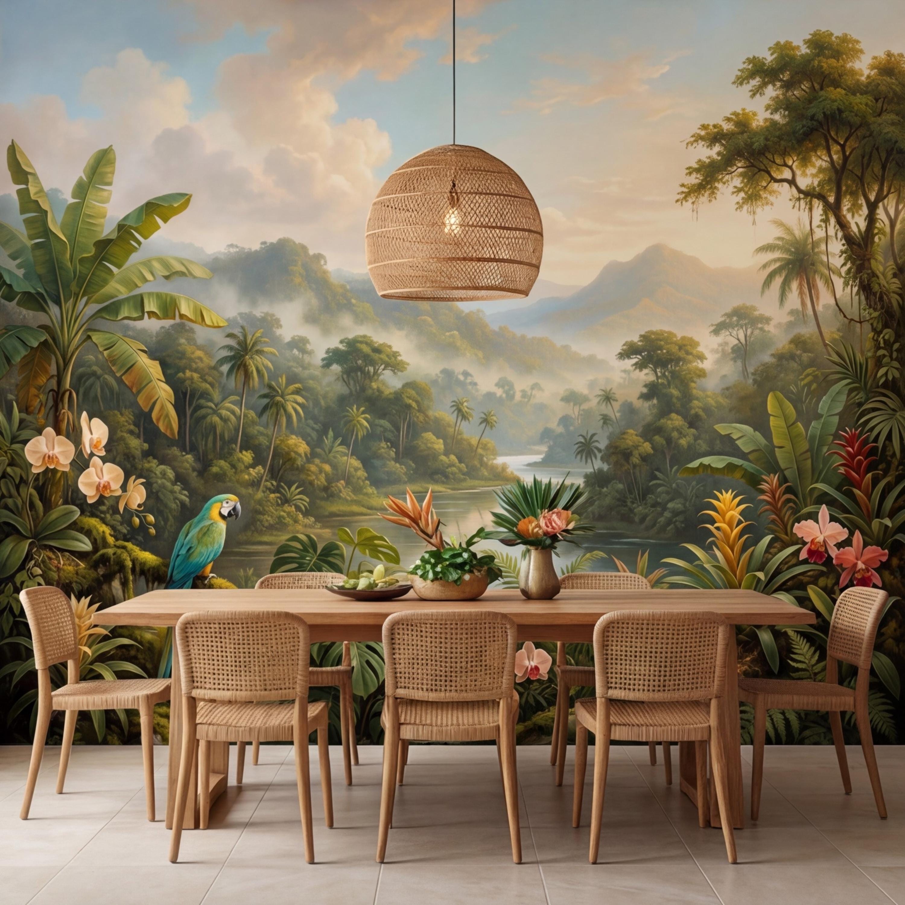 Jungle Tropical Rainforest River Peel and Stick Wall Mural, Parrot Orchids & Misty Mountains Removable Wallpaper